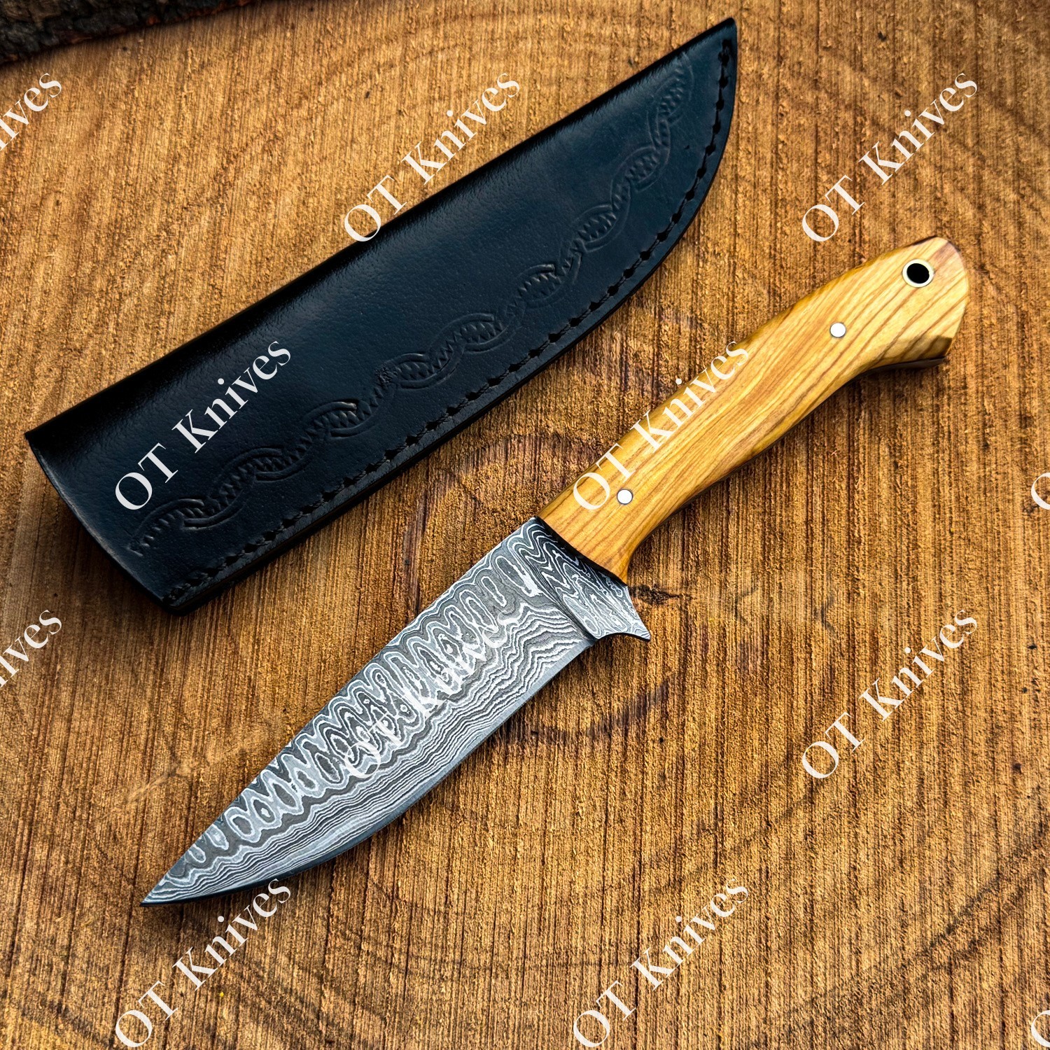 10″ Fixed Blade Damascus Steel Hunting Knife Olive Wood Ergonomic Handle Sheath