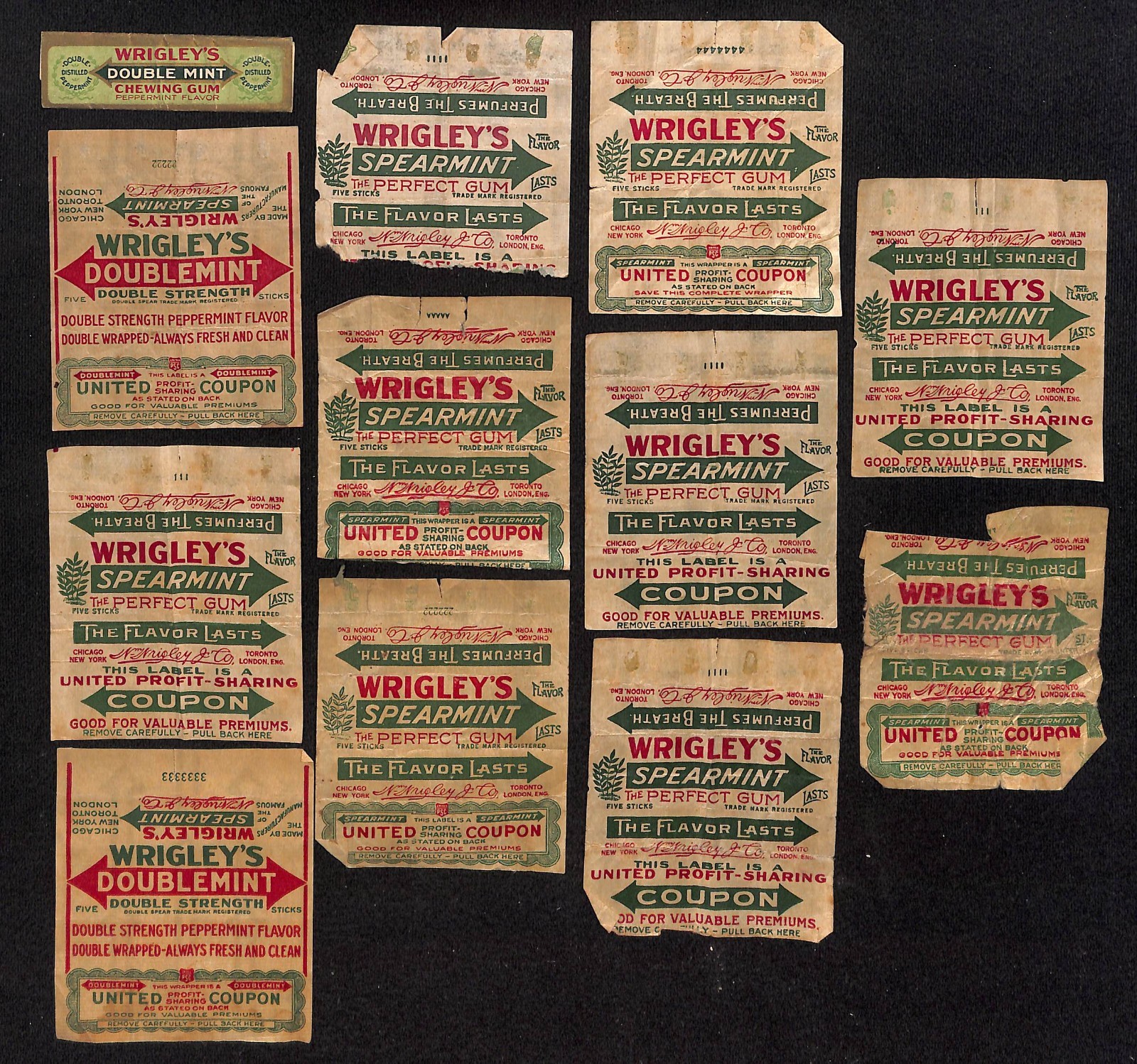 Wrigley’s Spearmint / Doublemint – Group of 12 c1930’s Gum Stick Wrappers (#1)