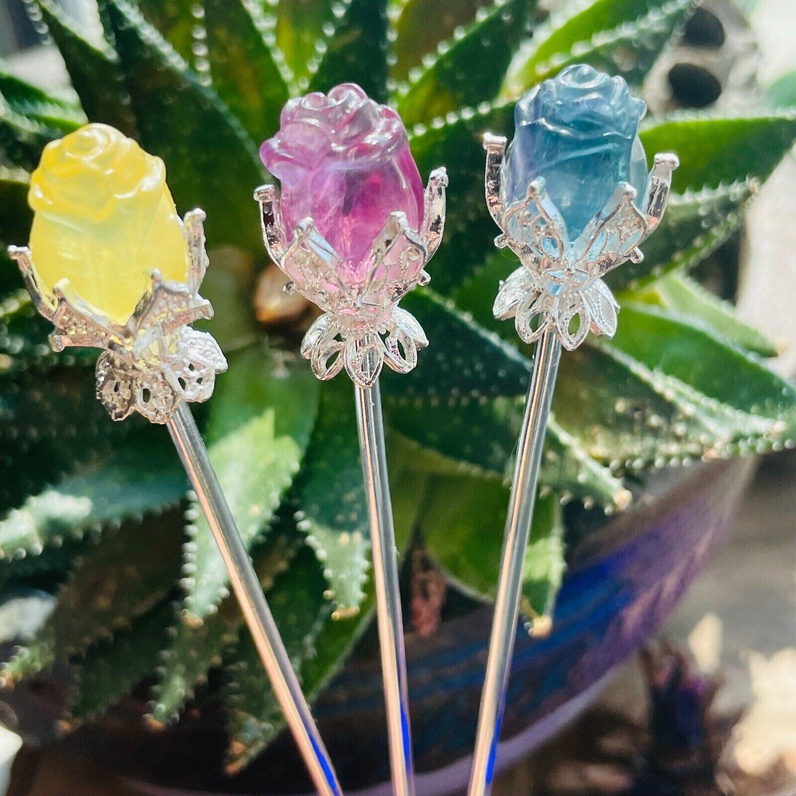 5pc Natural fluorite carved rose hairpin quartz crystal reiki healing random