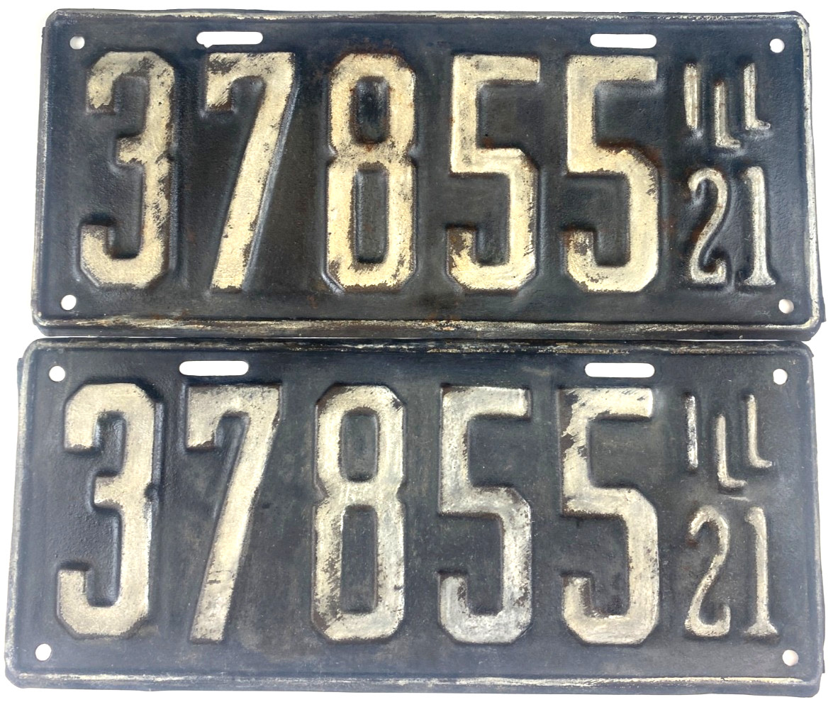 Vintage Illinois 1921 Auto License Plate Set Pair 37855 Man Cave Pub Wall Decor