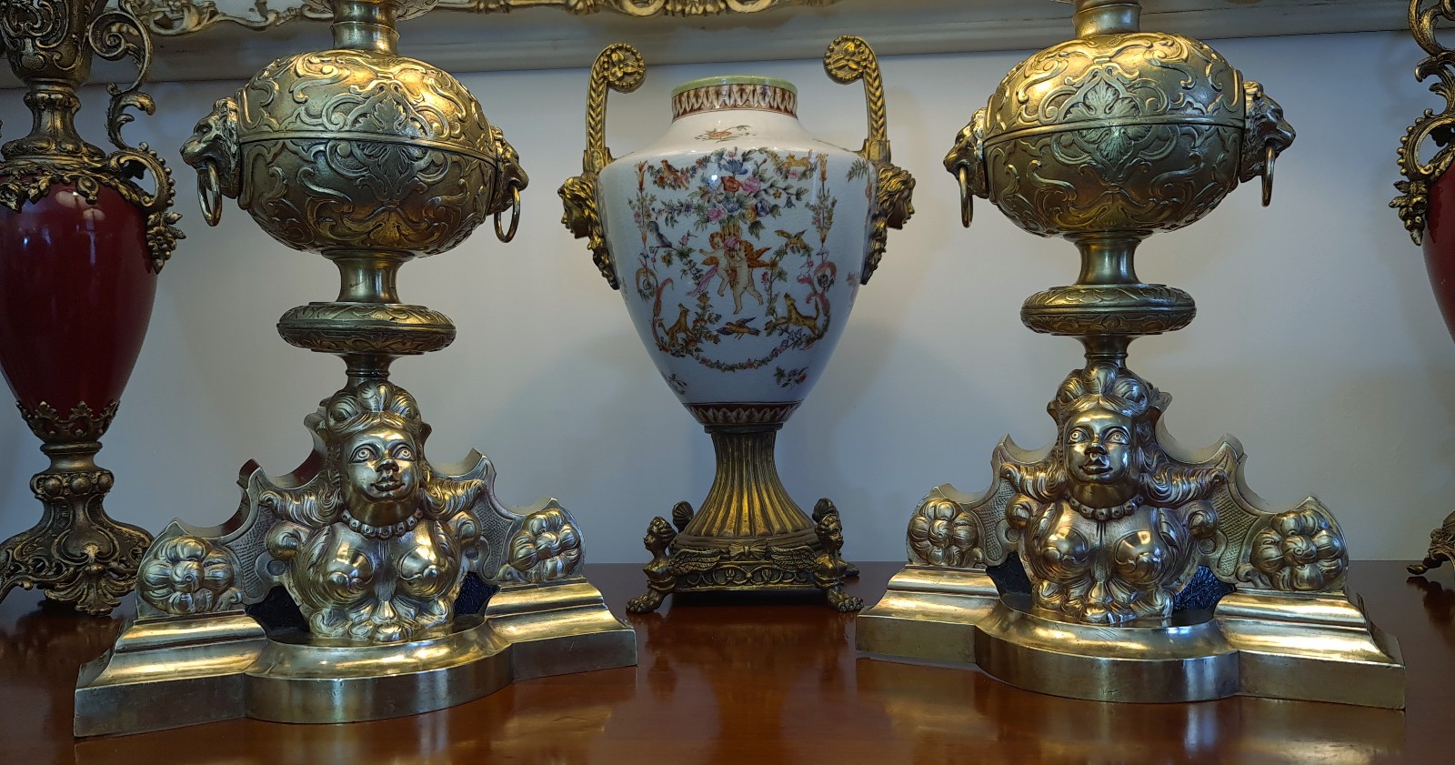 Antique Mythical Empire/Regency style Victorian Pair of Brass Lamps & Shades