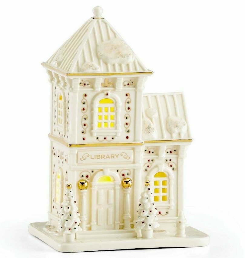Lenox Mistletoe Park Library Lights Up Building Village Treasures 7″H New in Box