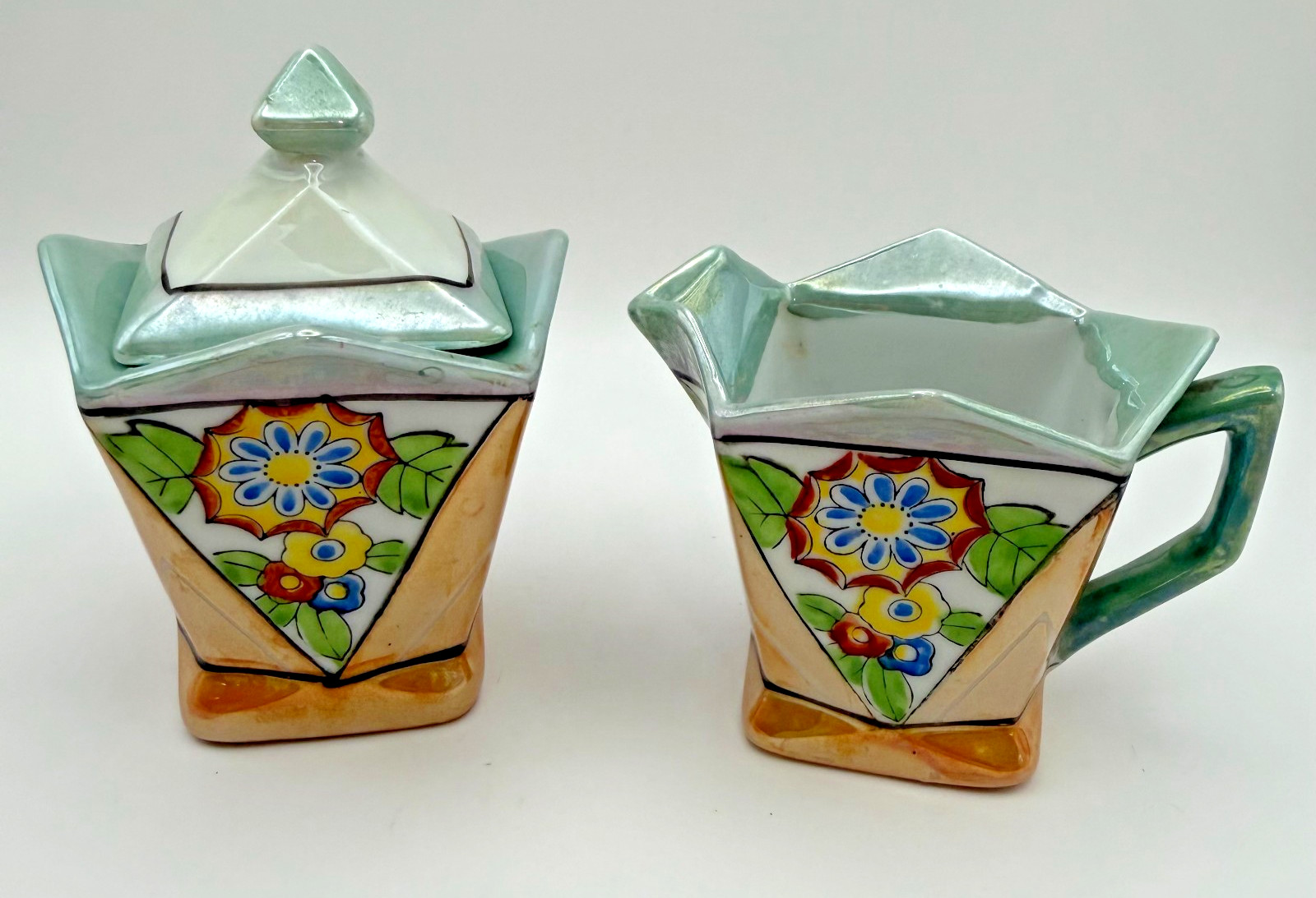 Vintage Art Deco Lusterware Hand Painted Creamer & Sugar Set Made In Japan