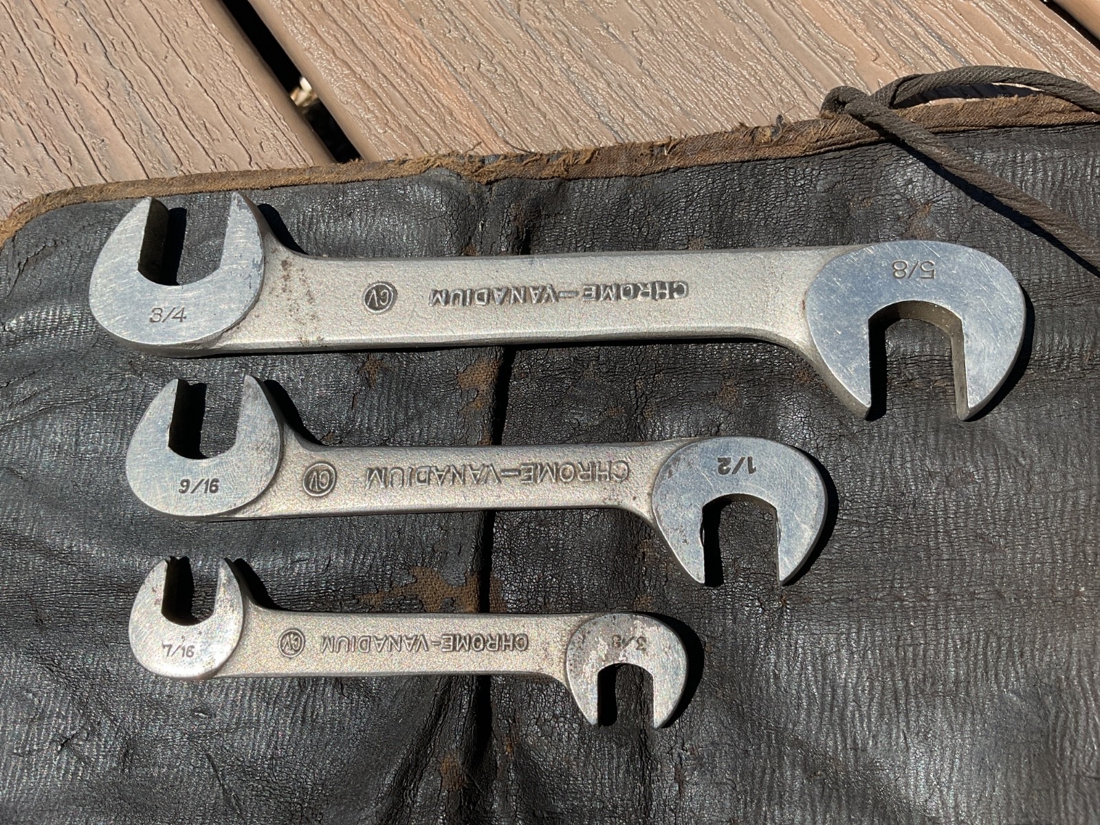 BONNEY OPEN END ANGLED OBSTRUCTION WRENCHES LOT OF (3) IN ORIGINAL LEATHER POUCH