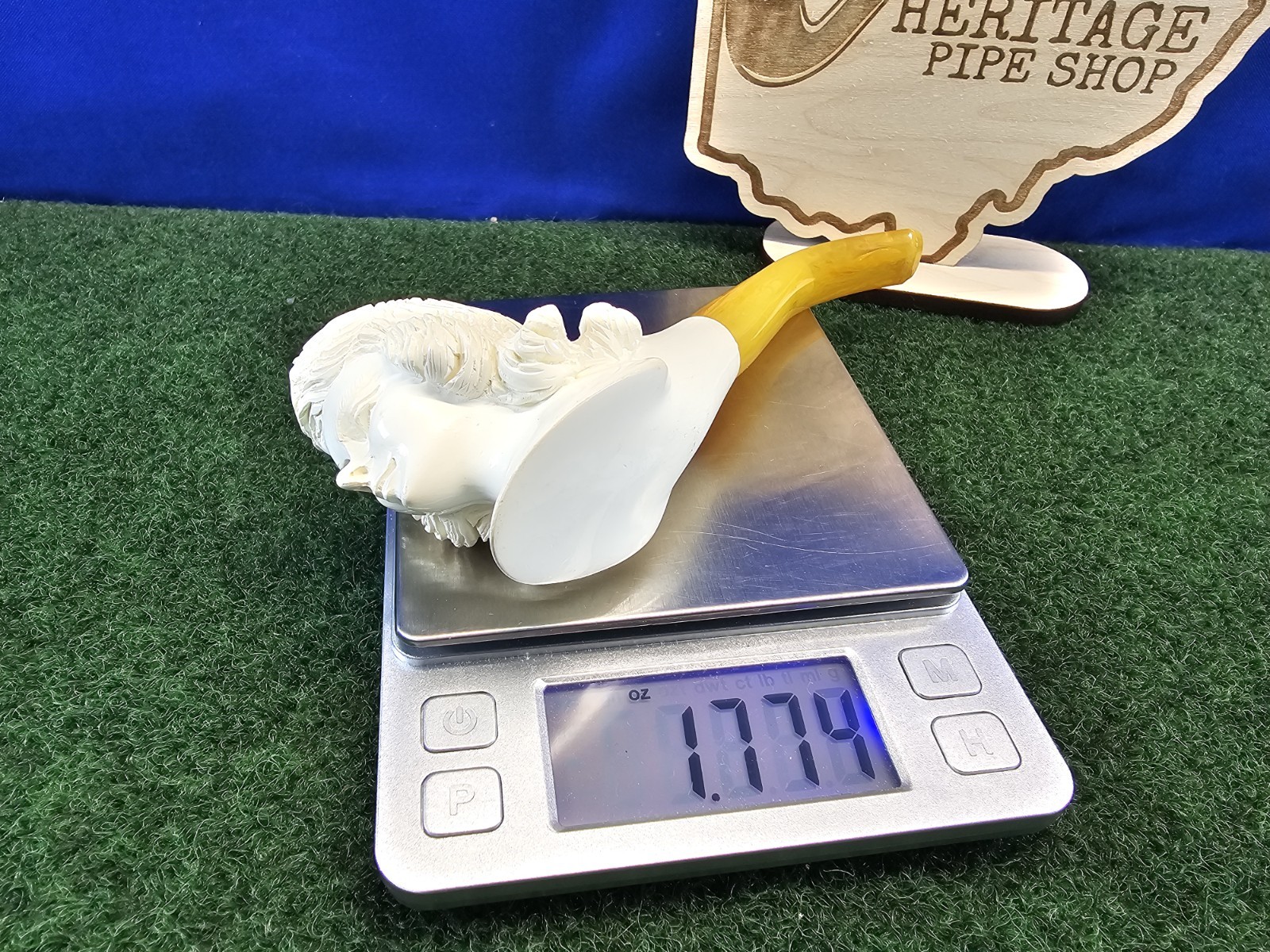 Female Figure Carved Curved Yellow Stem Block Meerschaum Pipe, Unsmoked