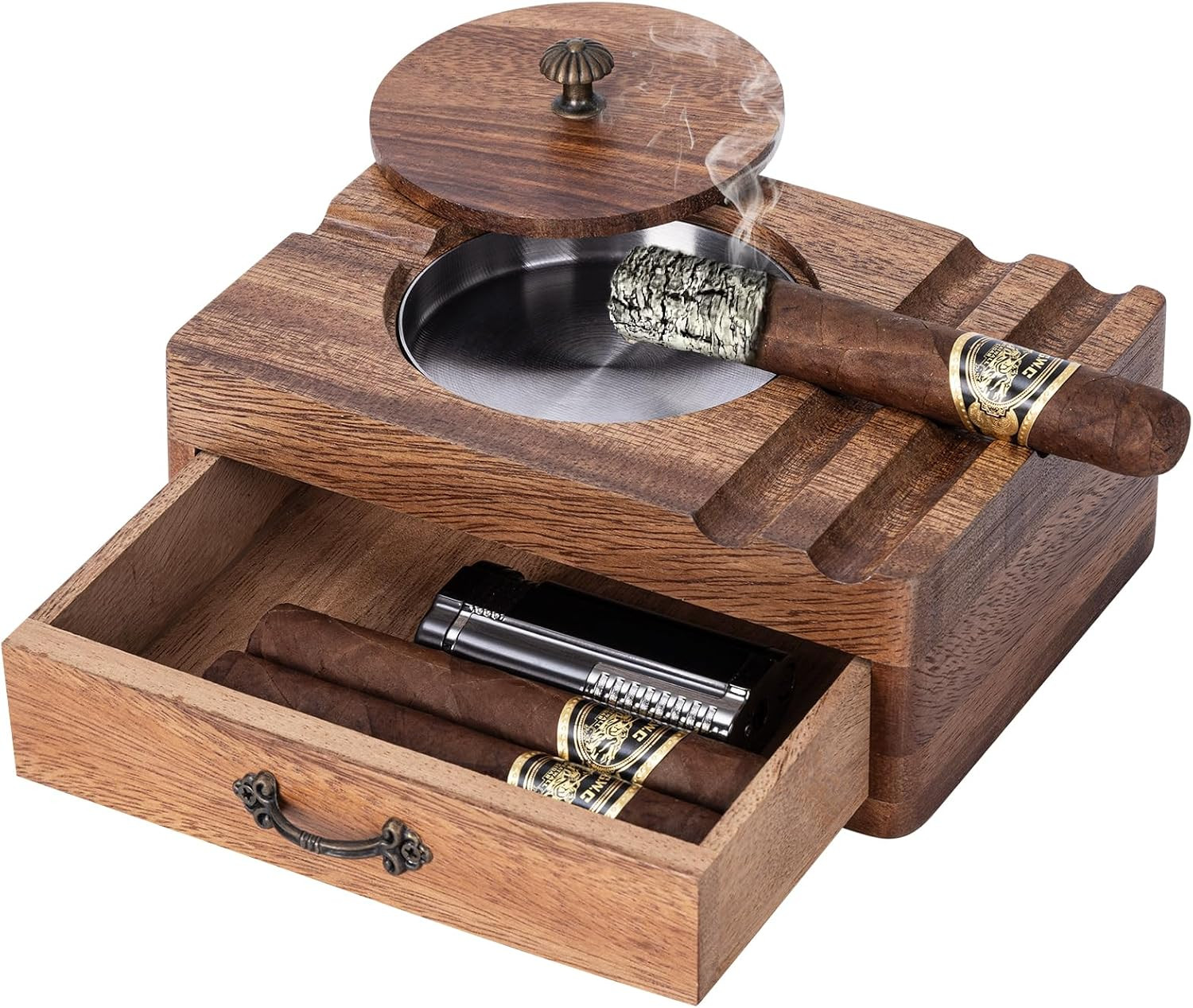 Cigar Ashtray Wooden Box – Windproof Lid, Stainless Steel Removable Bowl, Cigar