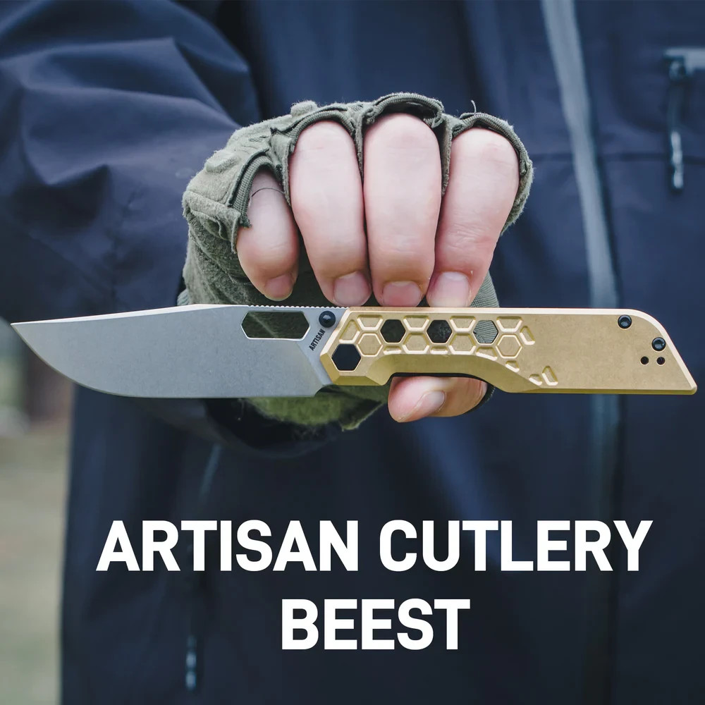 Artisan Beest Linerlock Folding Knife 3.63″ AR-RPM9 Steel Blade Brass Handle