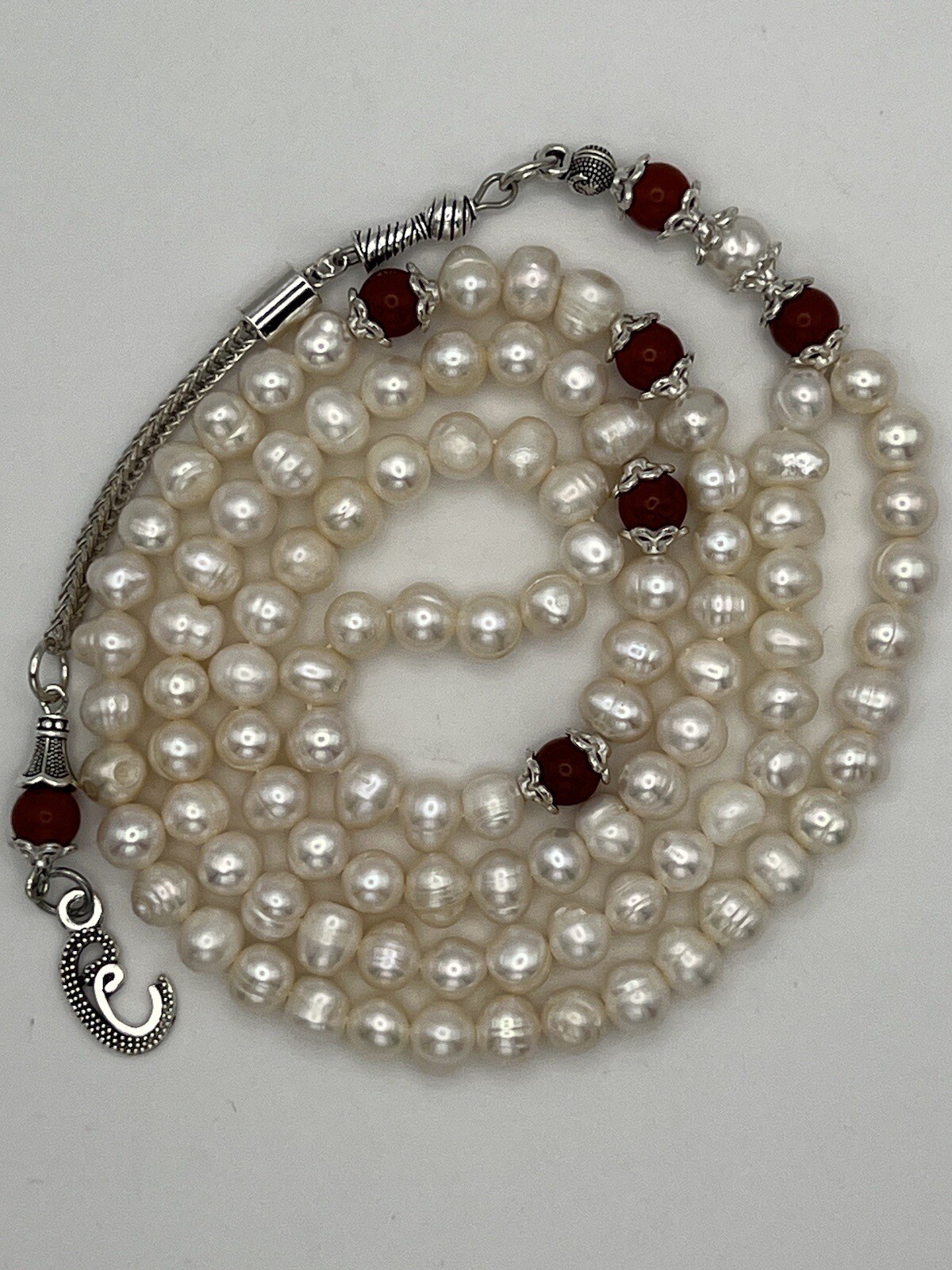 Natural Pearl Tasbih Misbaha With Red Jasper Rosary Prayer Bead مسبحة لؤلؤ طبيعي