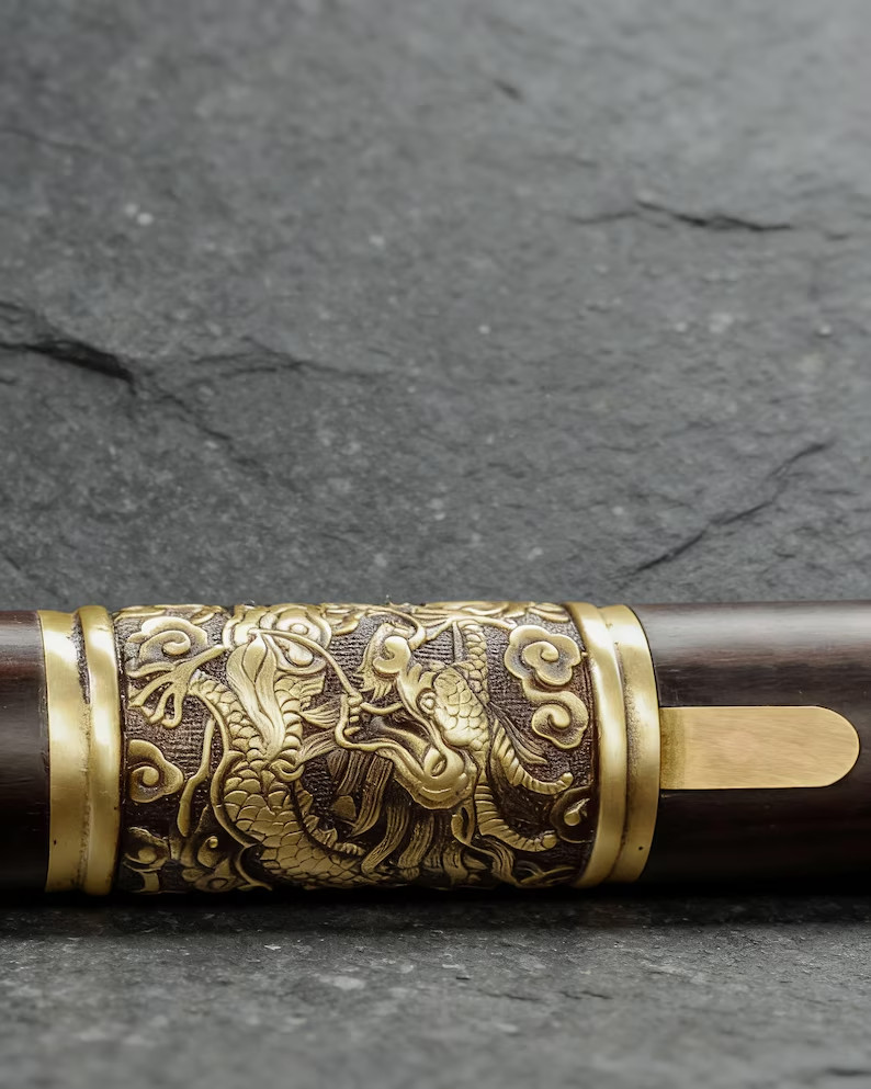 Round Head Sword Cane Solid Wood Shaft Aged Brass Dragon Ring Decorative Display