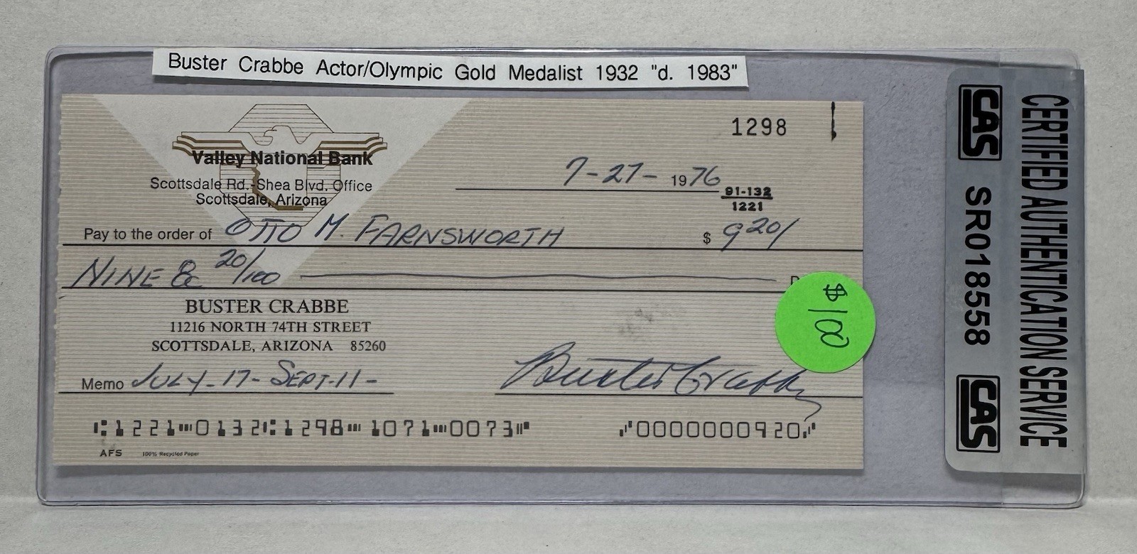 Buster Crabbe Signed Check Blue Ink CAS SR018558