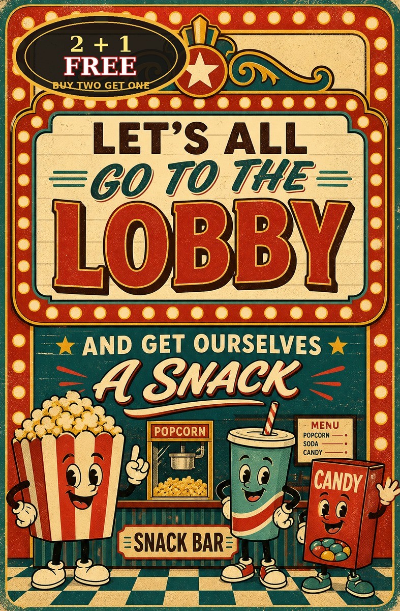 Let’s All Go To The Lobby Tin Sign Movie Theater Snack Wall Plaque