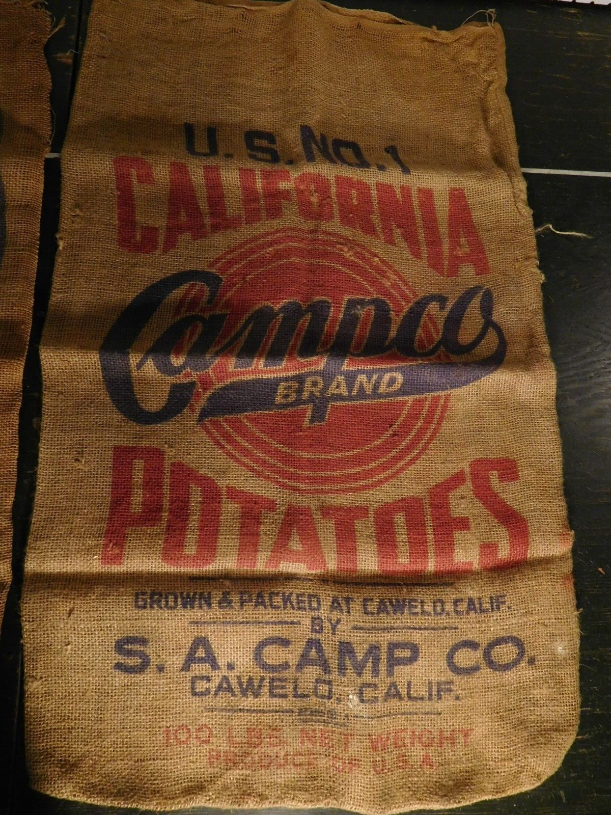 2 SAC & Campco California Potatoes Burlap Decorative, Historical Bag 35″x22″