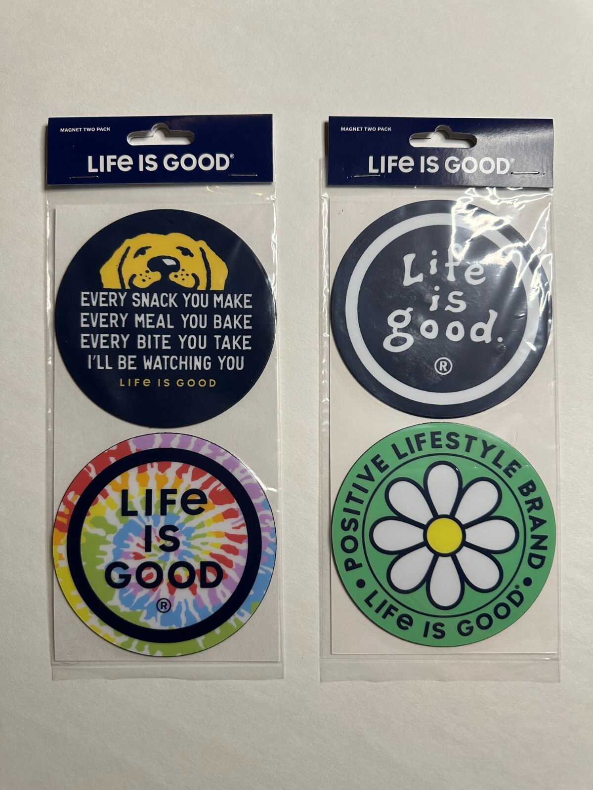 LIFE IS GOOD / 2 MAGNET TWO-PACKS [NEW, 2024] – 4 4″ vinyl magnets – car, fridge