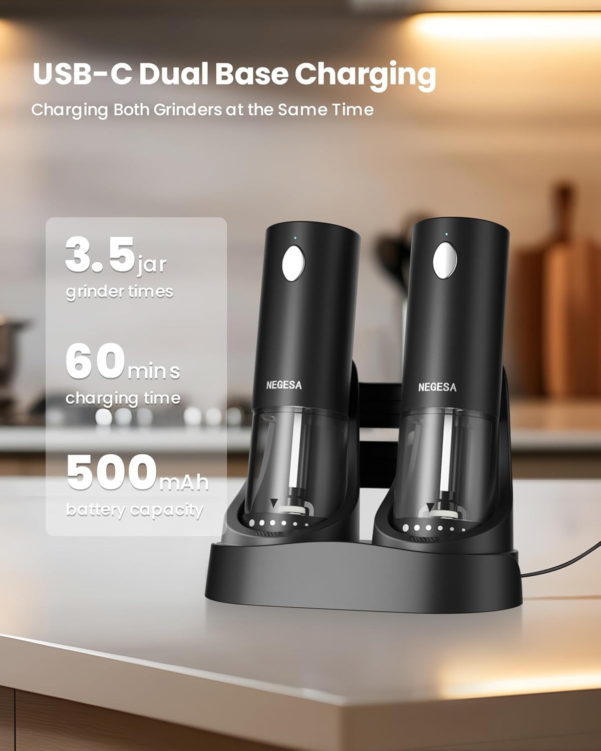 Electric Salt and Pepper Grinder Set with Rechargeable Base – Automatic…