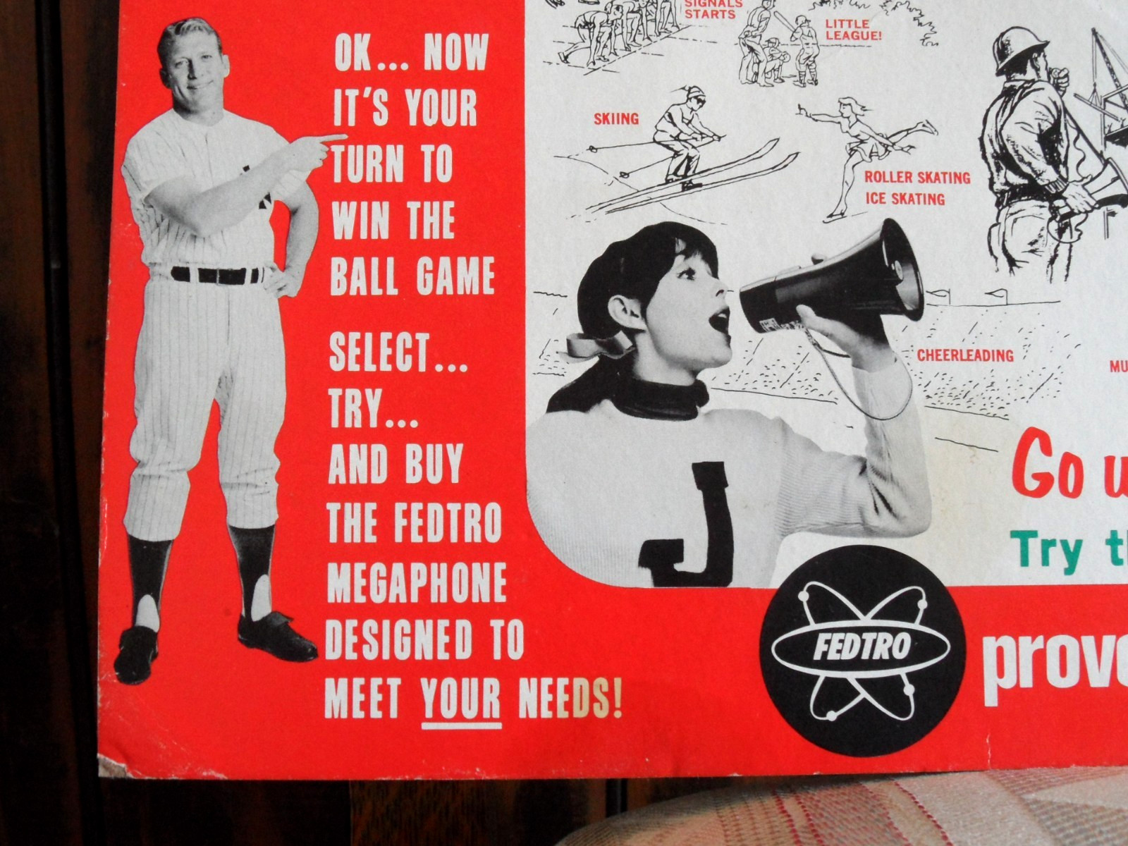orig./Rare!! 1966 MICKEY MANTLE Fedtro Megaphones **Vintage Store Display Sign**