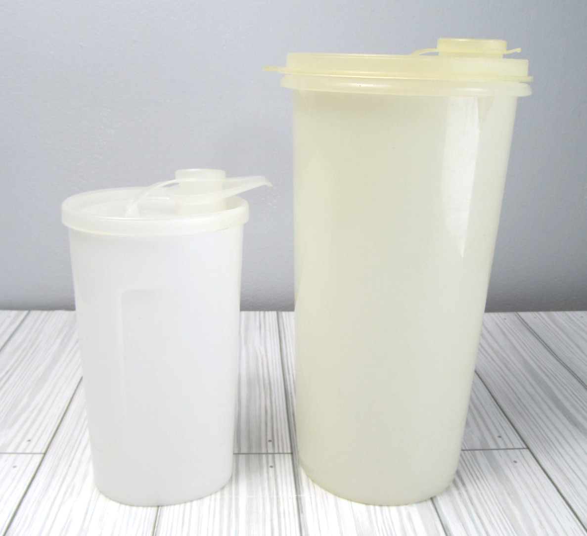 2 Vintage Tupperware Pitcher Small White Pour Spout Flip Lid Milk Water Juice J