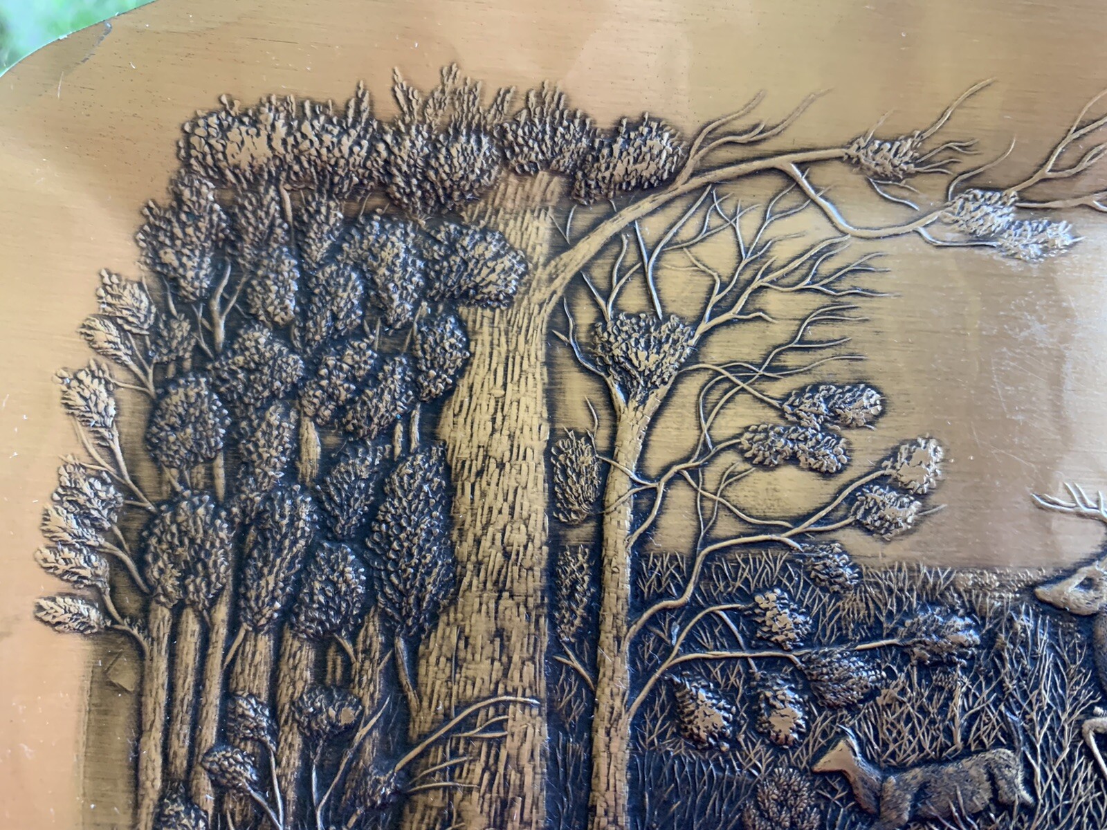 VTG Solid Bronze Tray Hand Hammered Forged Signed Hunting Pines Nature Deer MCM