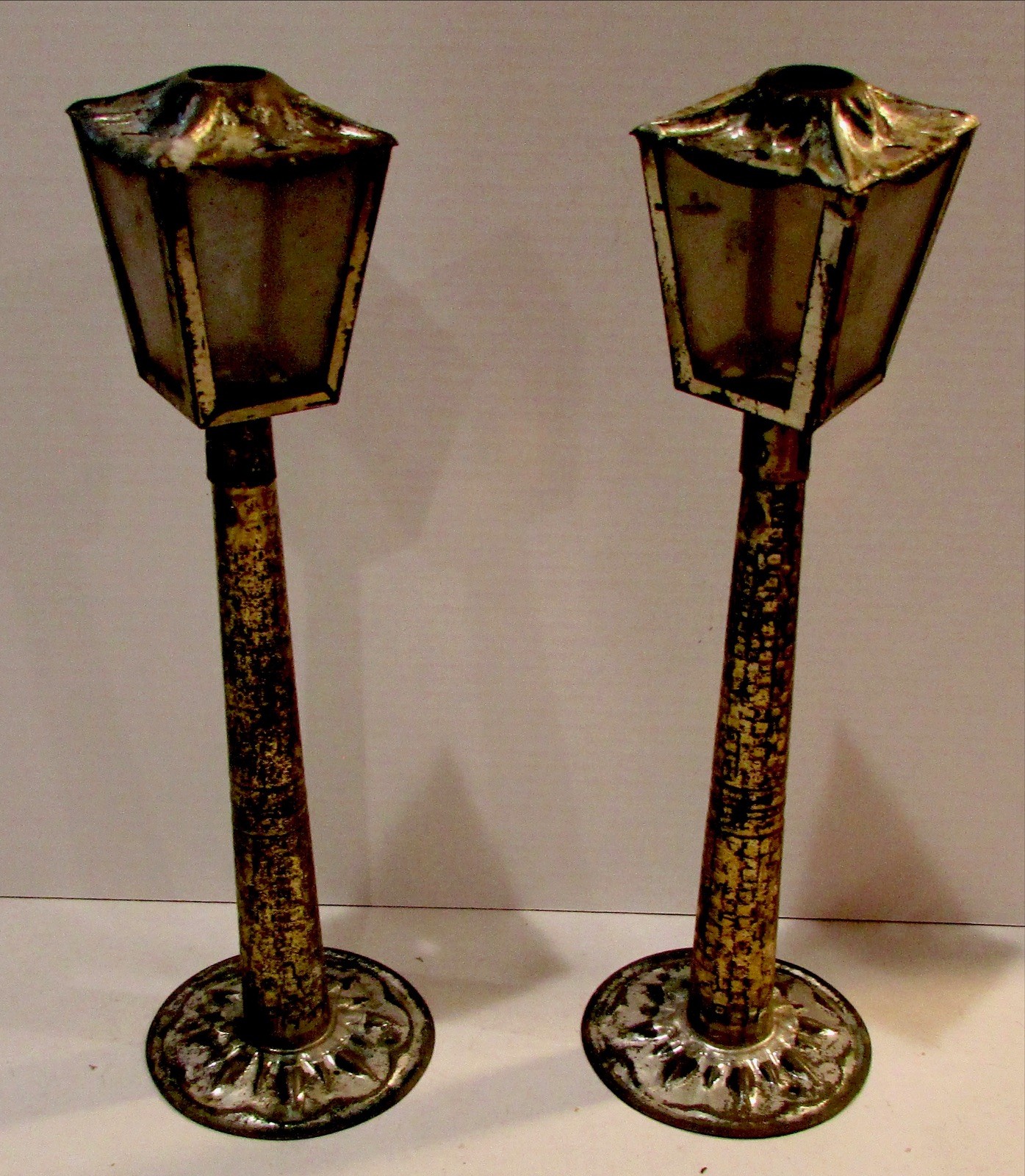 2 Antique Tin Street Light Lantern Christmas Train Putz Glass Red Clear Gold