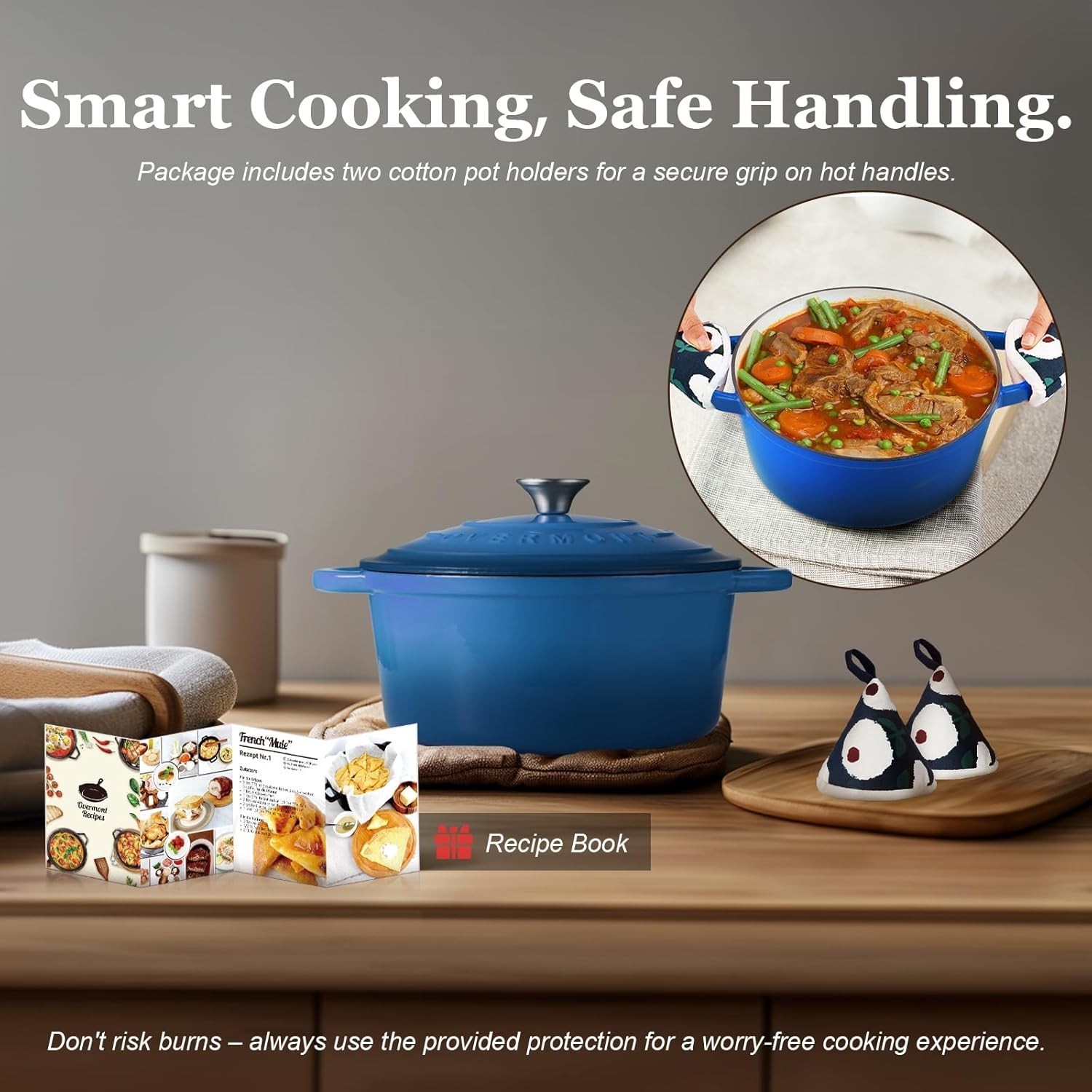 Elegant 4.5QT Cast Iron Dutch Oven with Lid & Potholders – Easy to Clean, Blue
