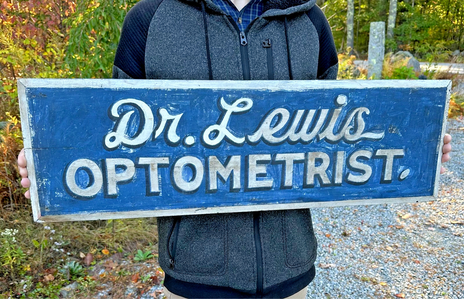 Antique Original Painted Wood Optometrist Sign Beautiful Blue Craquelure Surface