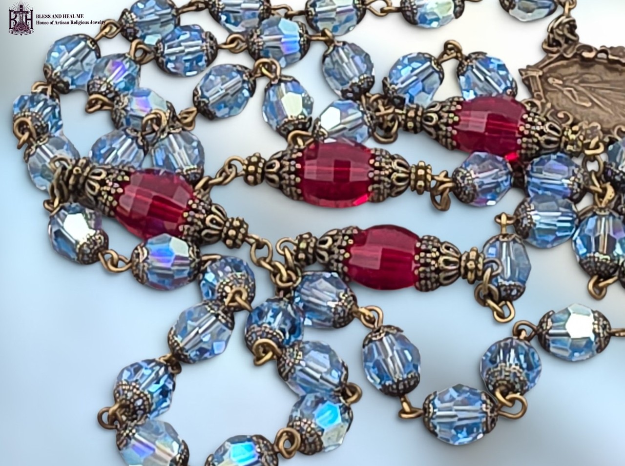 Divine Mercy Blue Swarovski Crystal Rosary| Bronze | Heirloom