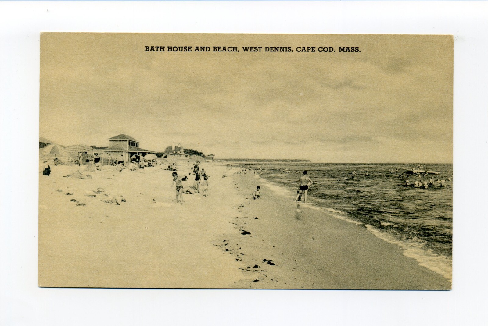West Dennis MA vintage postcard, people on beach, swimmers, raft, bath house