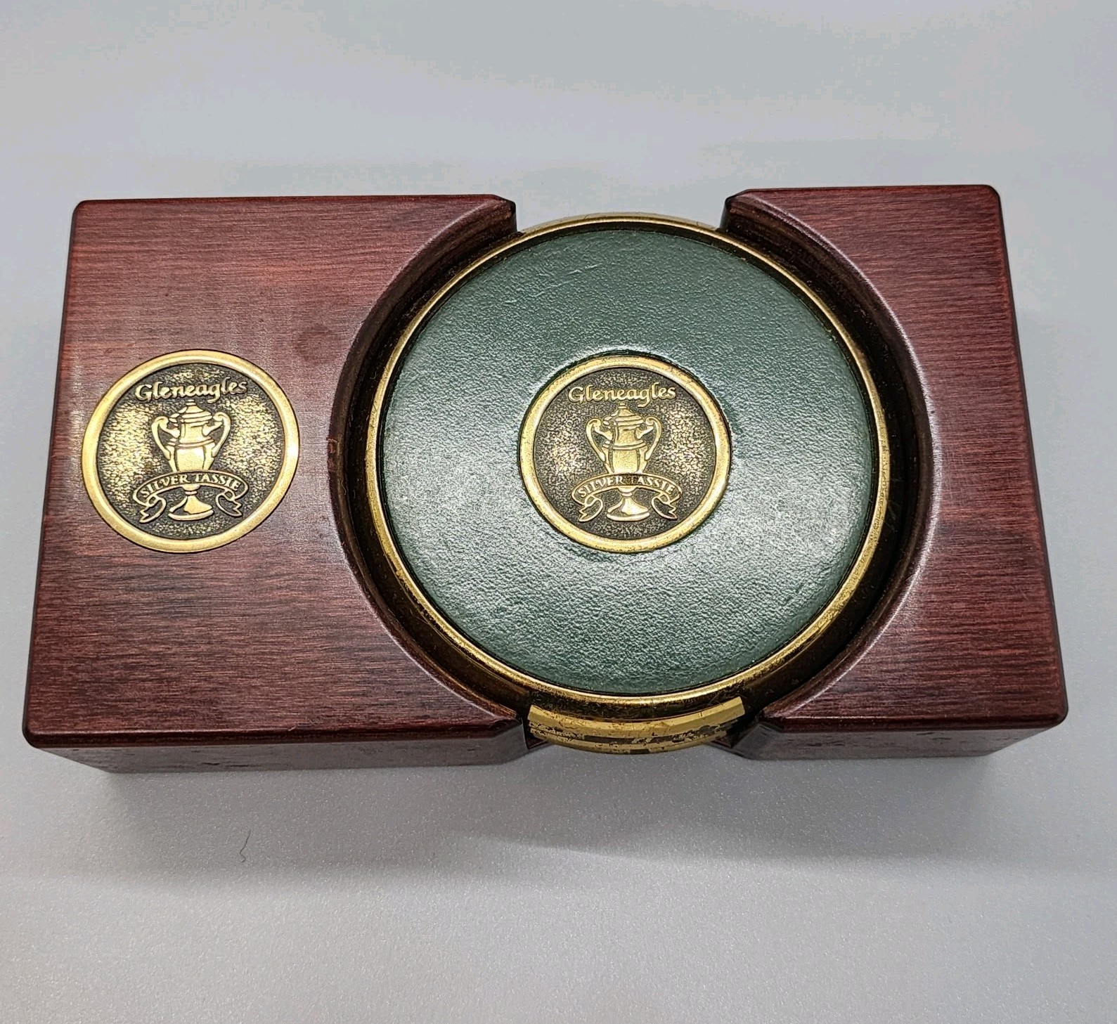 Gleneagles Country Club Silver Tassie Cocktail Coaster Set Leather Vintage Golf