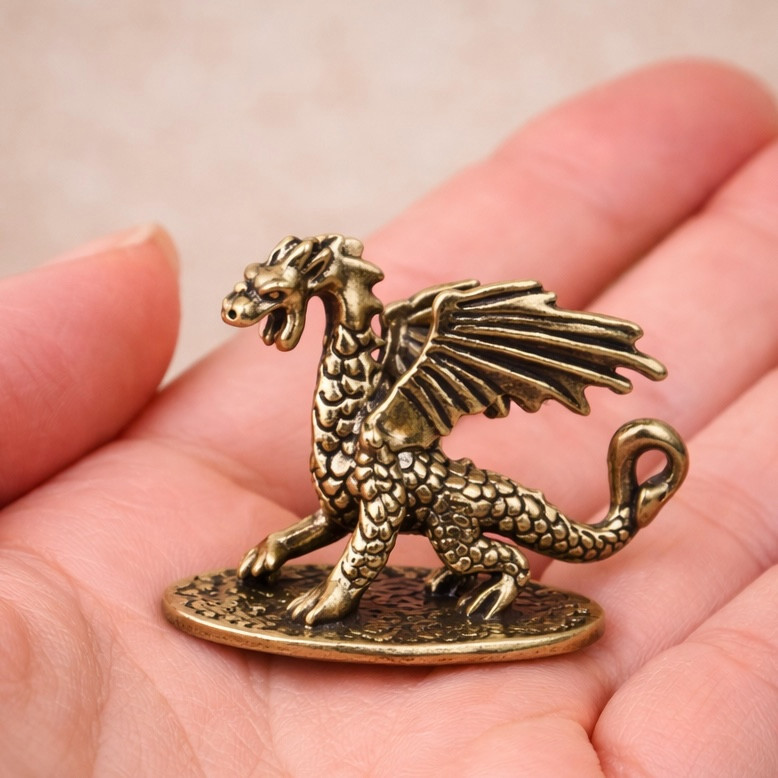 Vintage Metal Dragon Figurine Handmade Mini Fantasy Brass Dragon Decor 1.5in