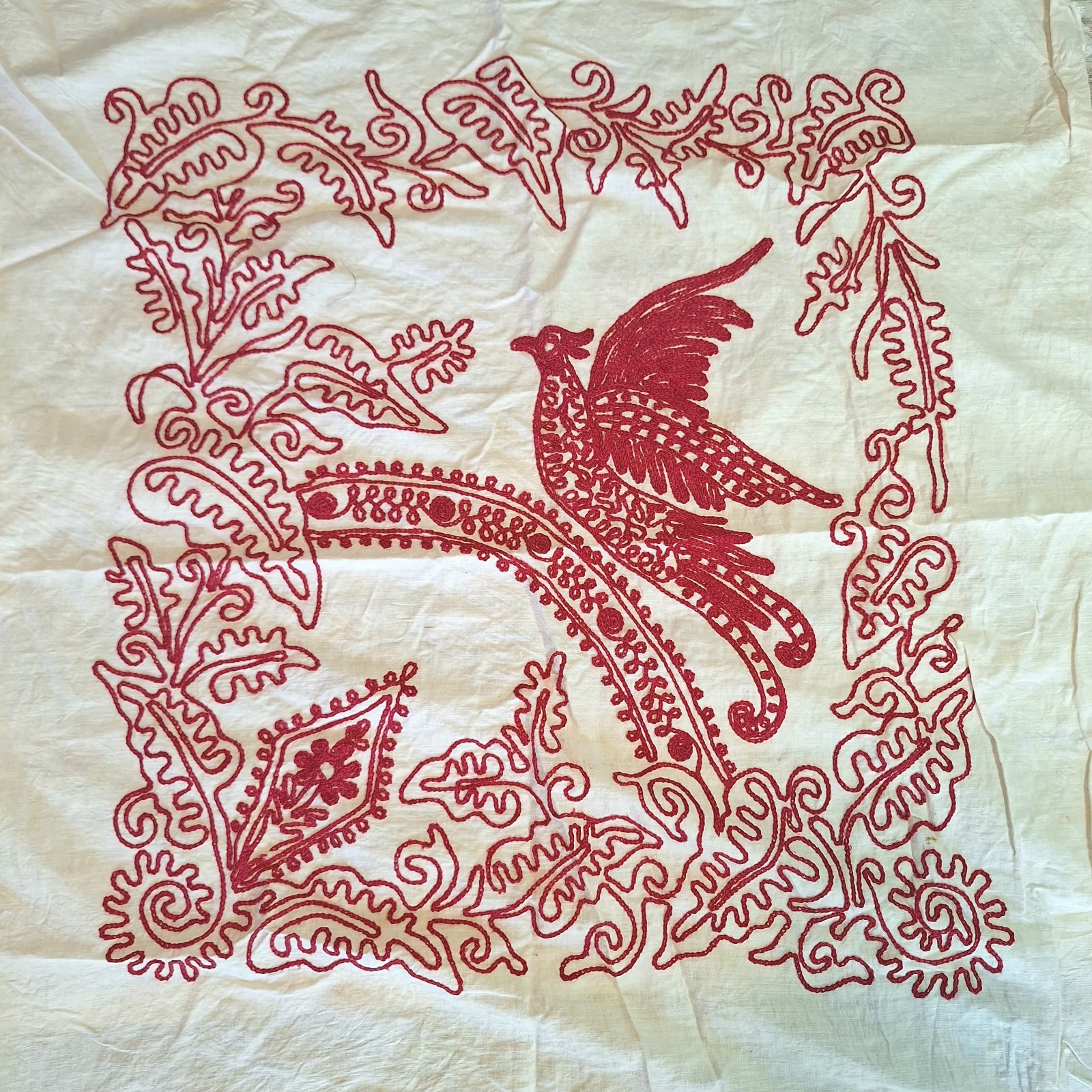 VTG Pair Red Embroidered Fabric Linen Remnants of Birds/Florals/Swirls 27″X30″