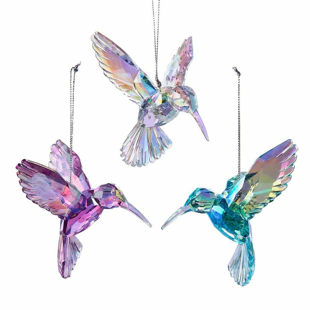 KURT ADLER SET OF 3 ACRYLIC FACETED IRIDESCENT HUMMINGBIRD XMAS ORNAMENTS T2031