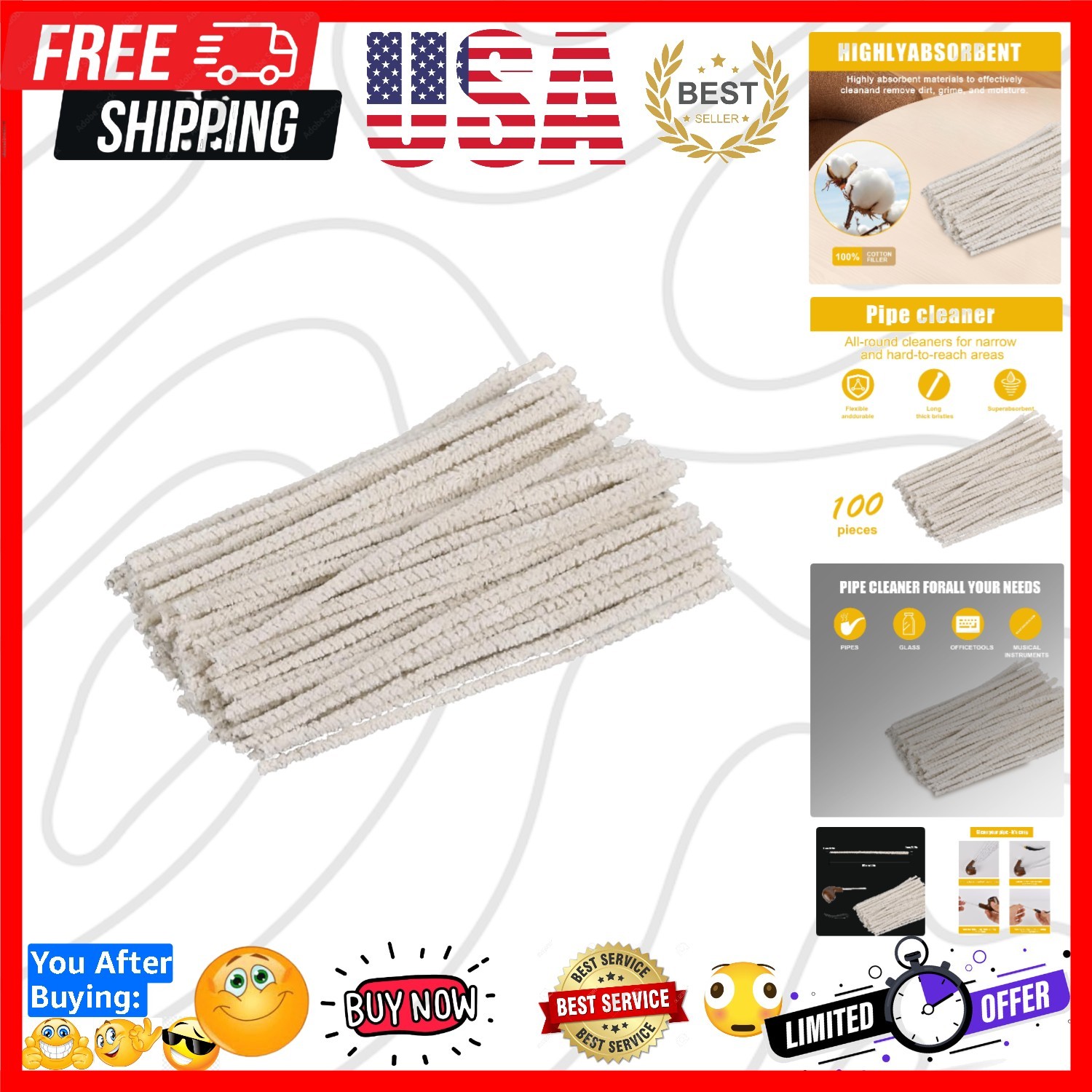 100 Pieces of 6-Inch Conical Pipe Cleaner, Made of Pure Cotton, Used for Remo…