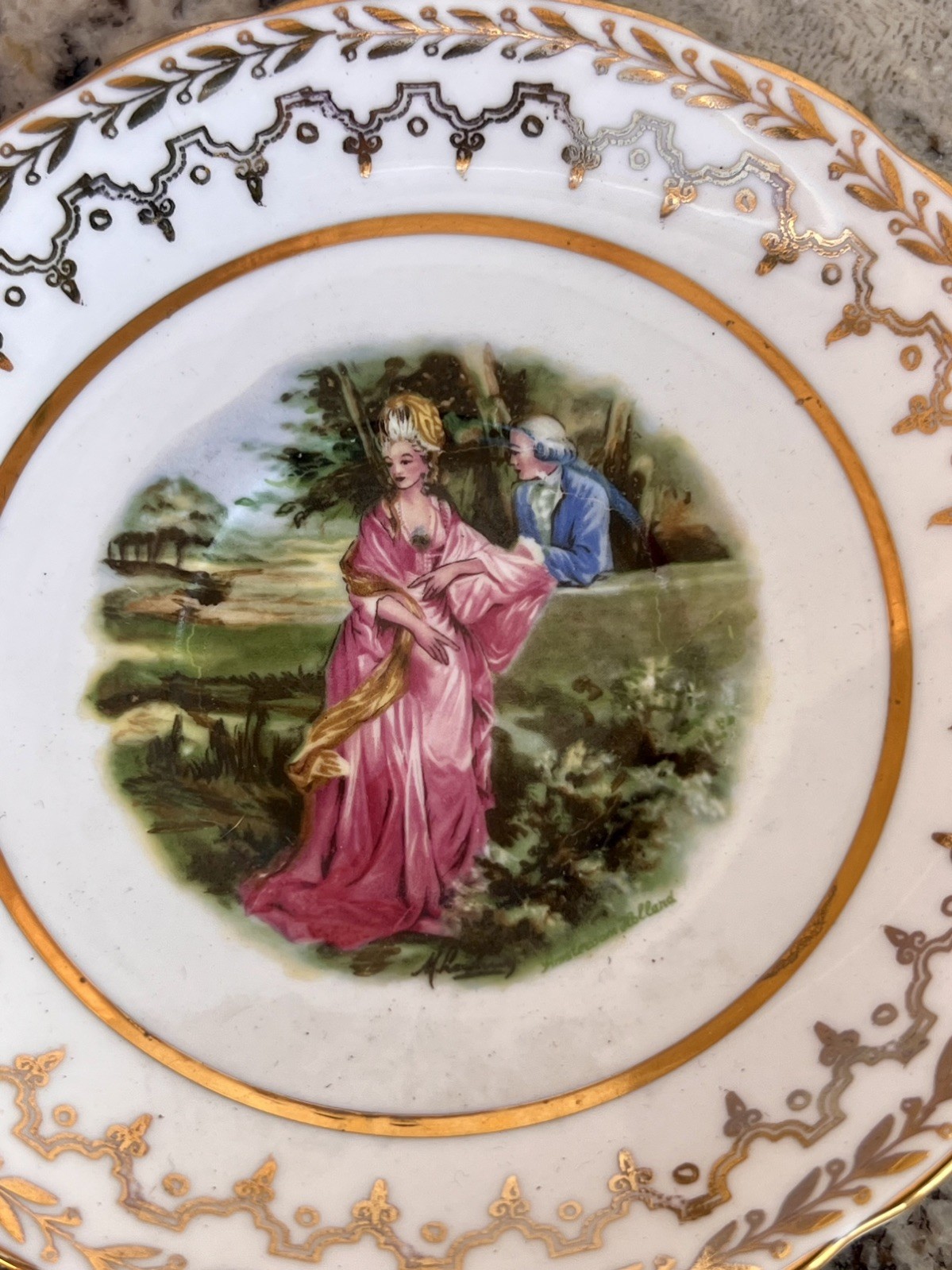 Aynsley England Courting Couples Tea Cup Saucer Set Gold Fine Bone China Vtg