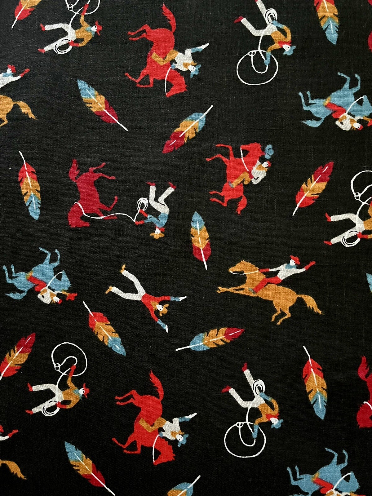 Rare Vintage Western Cowboy Feather Horse 50s Upholstery Fabric By Yard