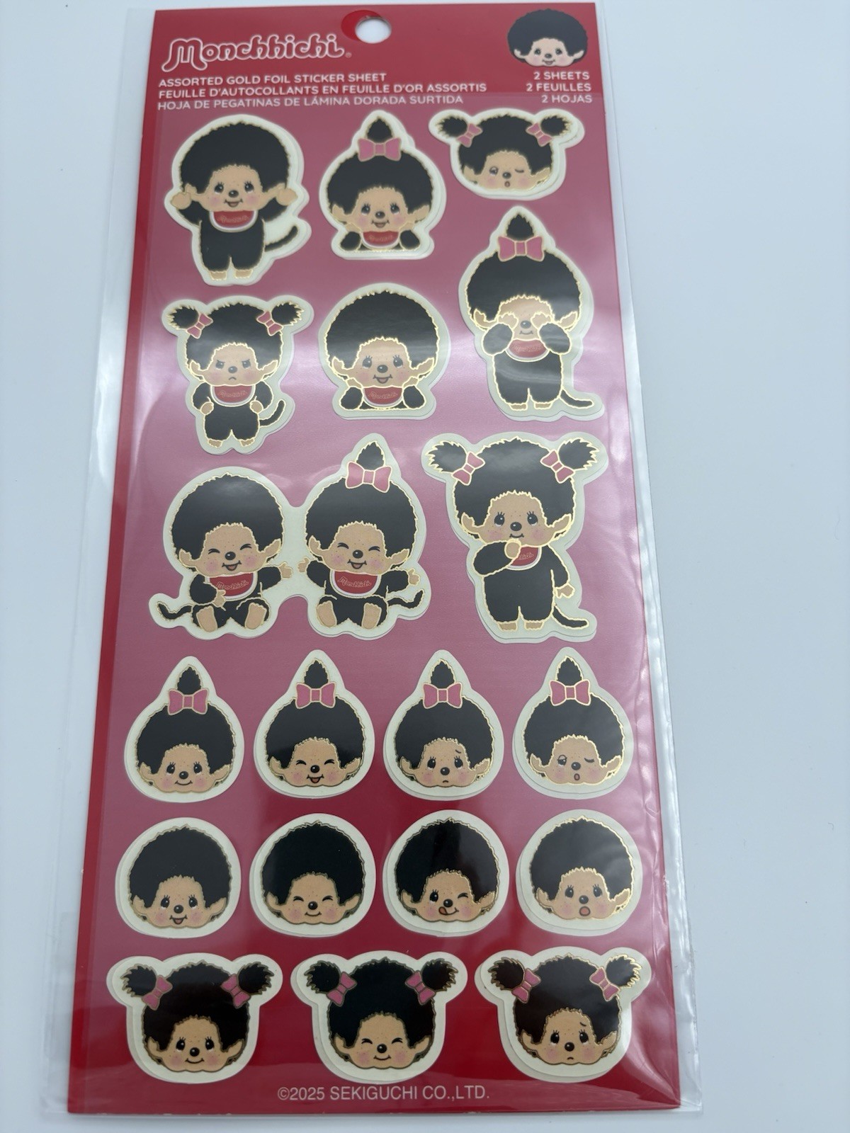 2 Gold Foil Sheets- Sekiguchi Monchhichi Boy/Girl Assorted Gold Foil Stickers