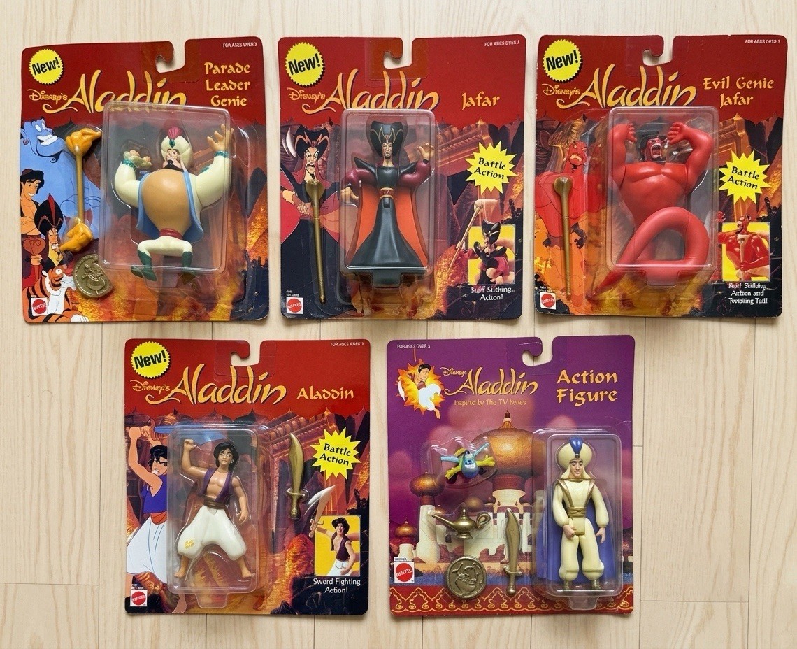5 Mattel Disney 1990’s Aladdin action figure lot – Aladdin, Genie, Jafar. NIB