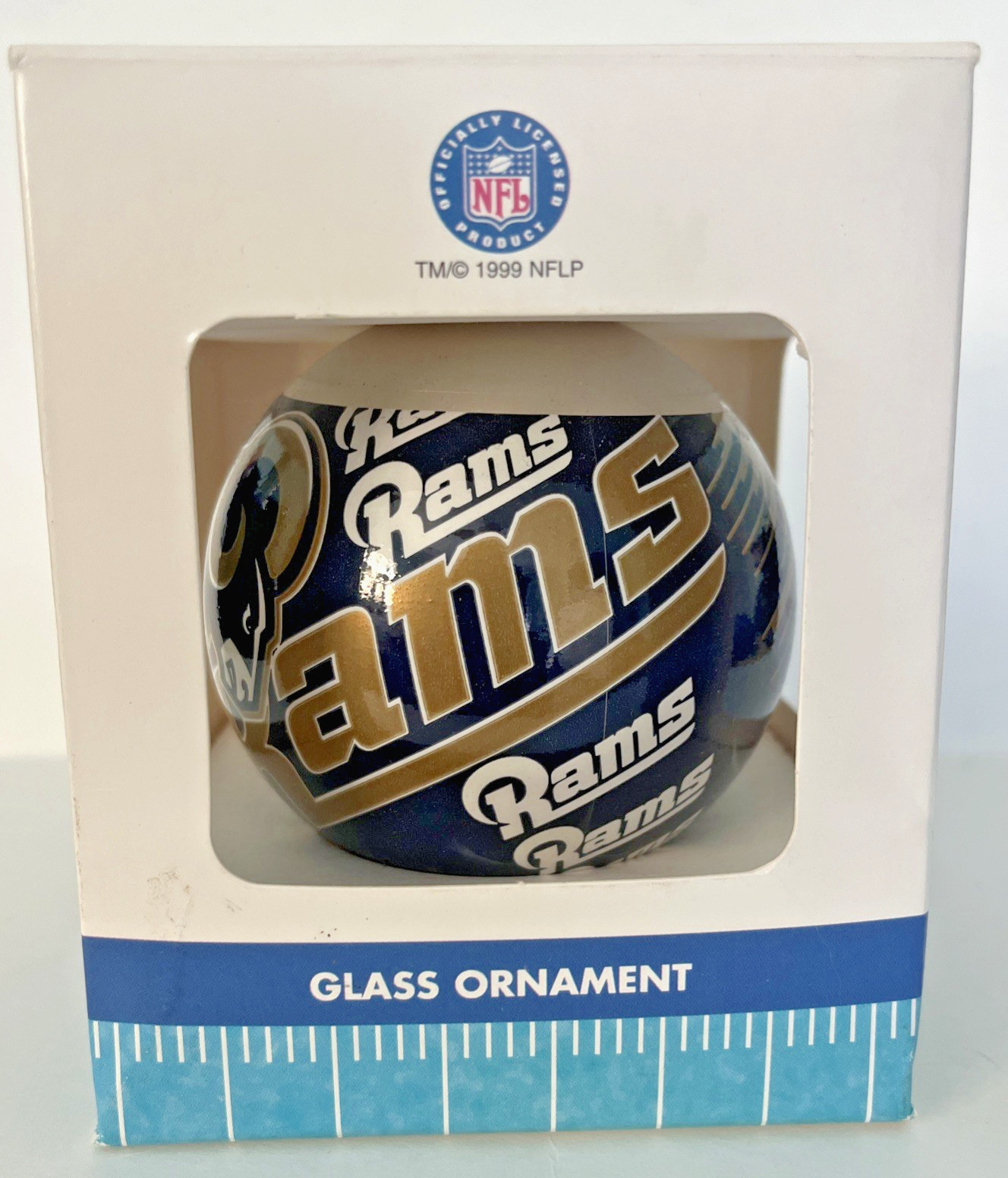 Vtg NFL St Louis Rams Glass Ball Ornament 1999 90s USA Licensed Ensemble Sport