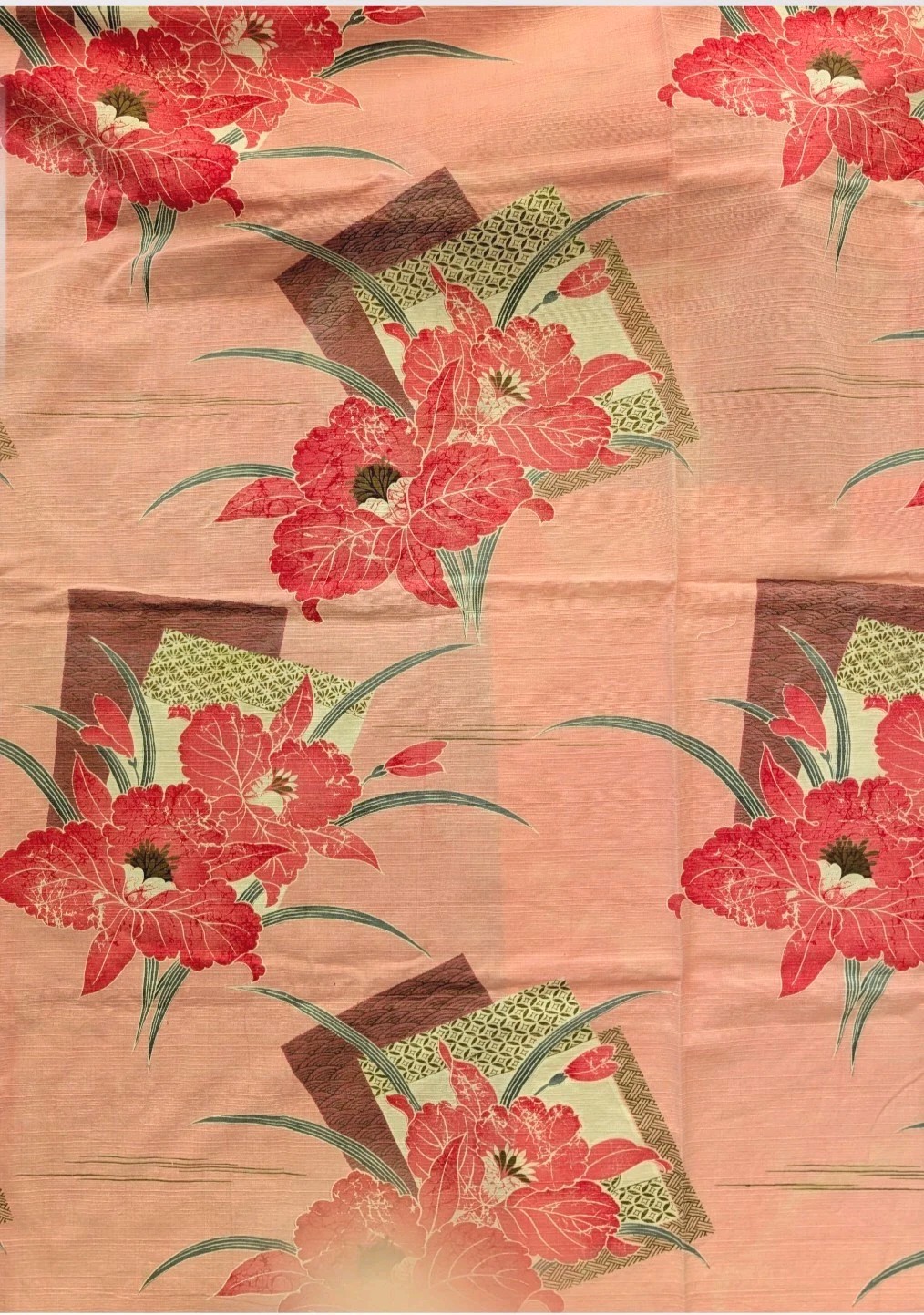 Vtg Hawaiian Barkcloth Textured Pink Hibiscus Orchids Asian Oriental Kimono READ