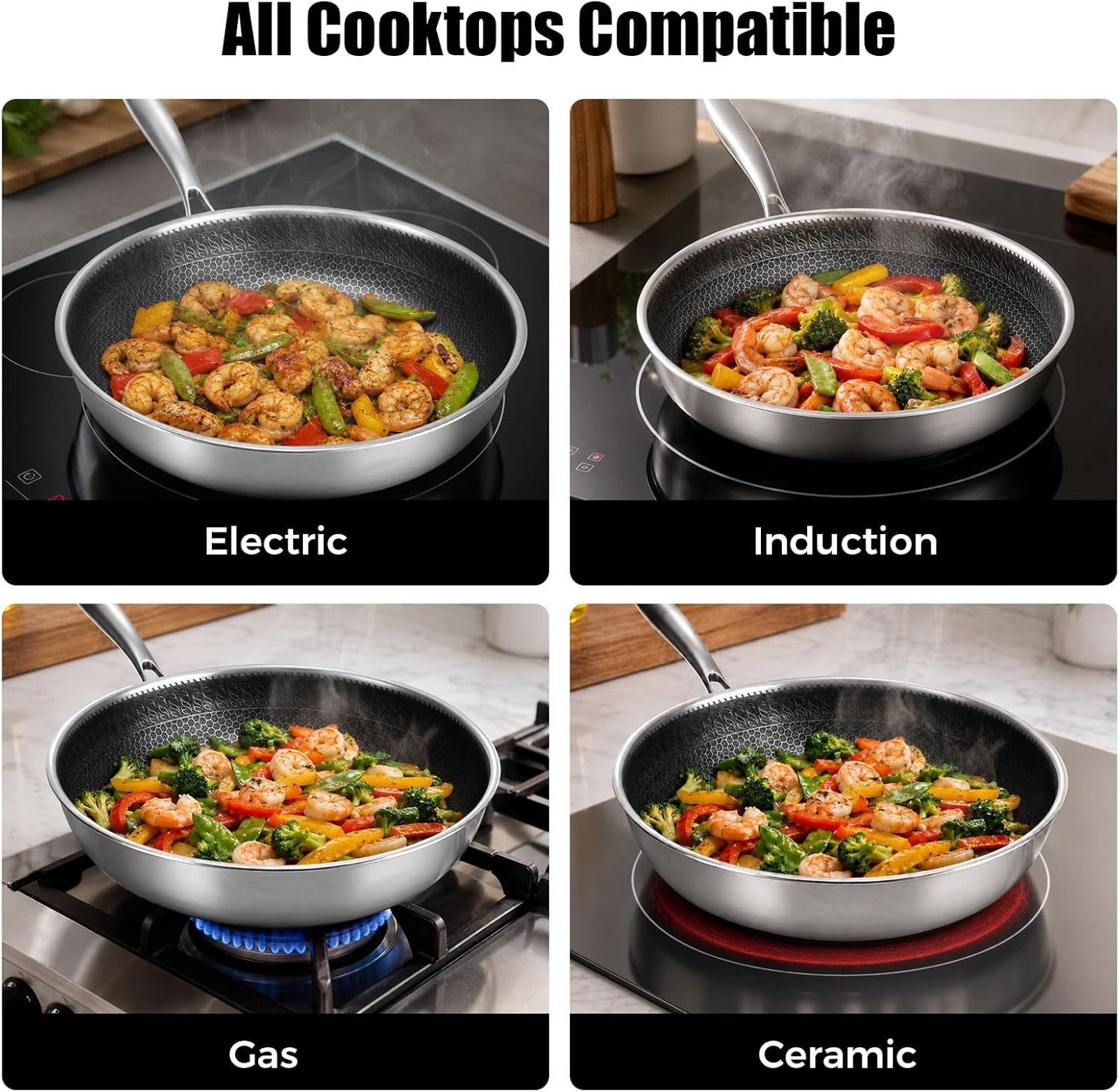 12 Inch Stainless Steel Nonstick Frying Pan with Honeycomb Surface, Induction