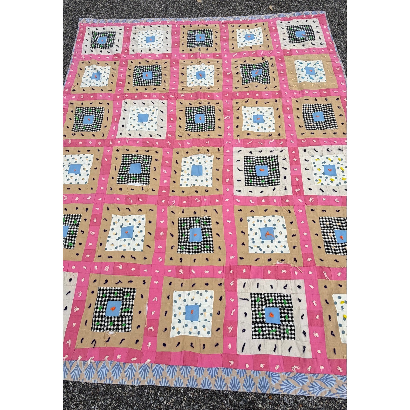 Vintage Handmade Tied Patchwork Quilt Pink Tan Gingham Polka Dot 54×74