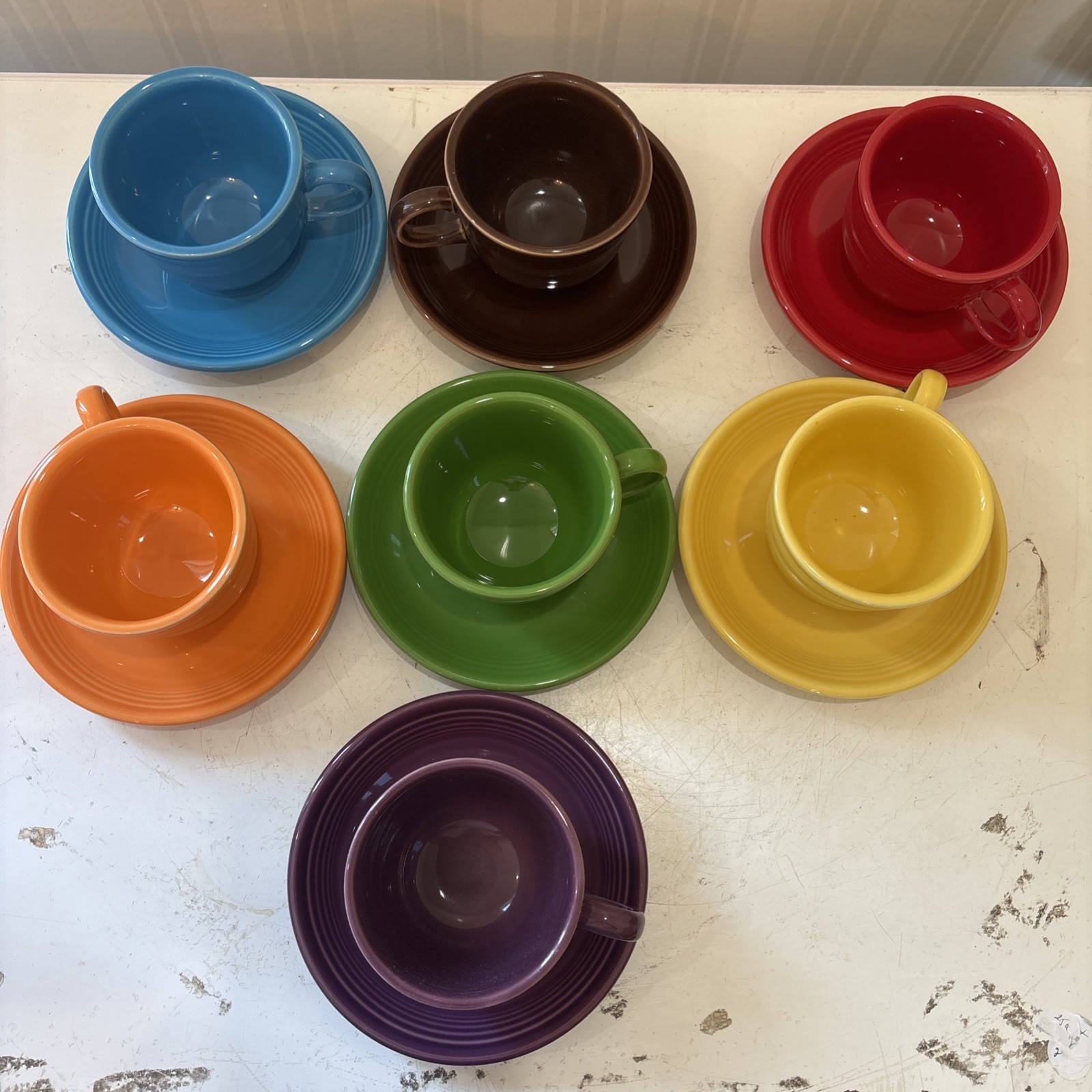 FIESTAWARE Set of 7 Fiesta Cups and Saucers Yellow Blue Red Orange Multicolored