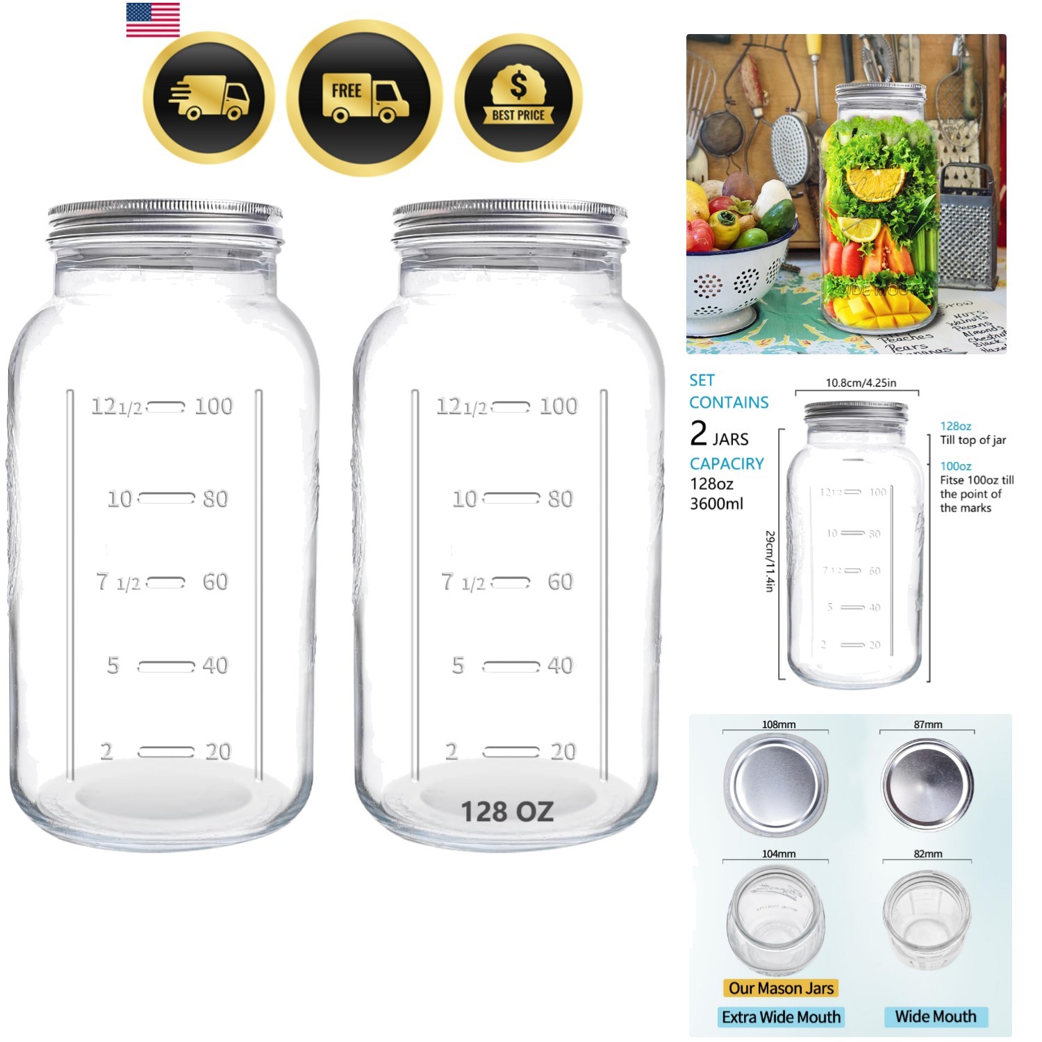 128 oz Mason Jars Extra Wide Mouth 2 Pack, 1 Gallon Glass Large Jars with Air…
