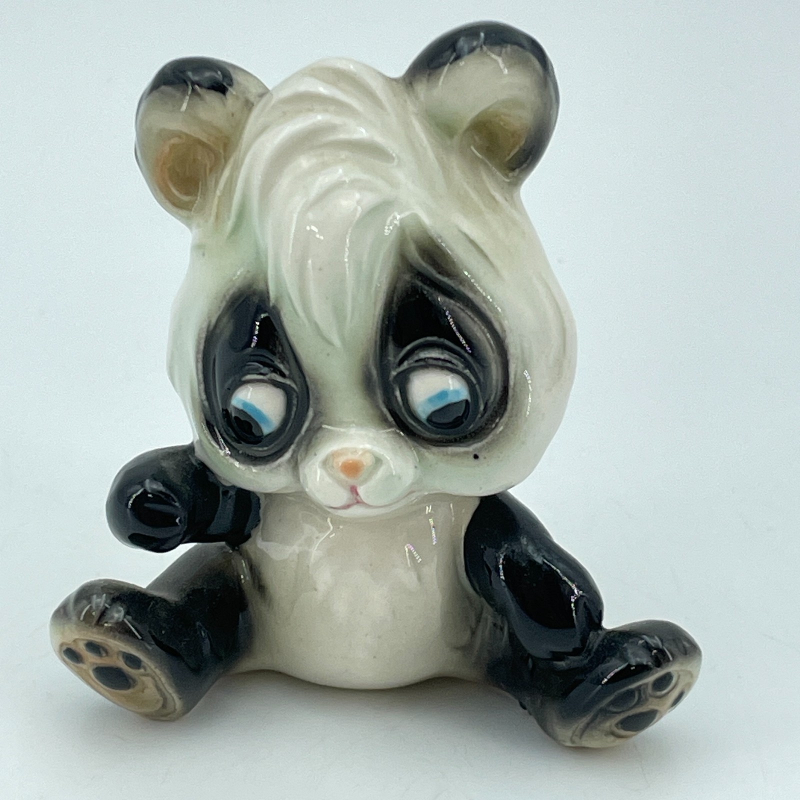 JAPAN Vintage Sad Panda Bear Porcelain Figurine Big Eyes Black White 2.75in