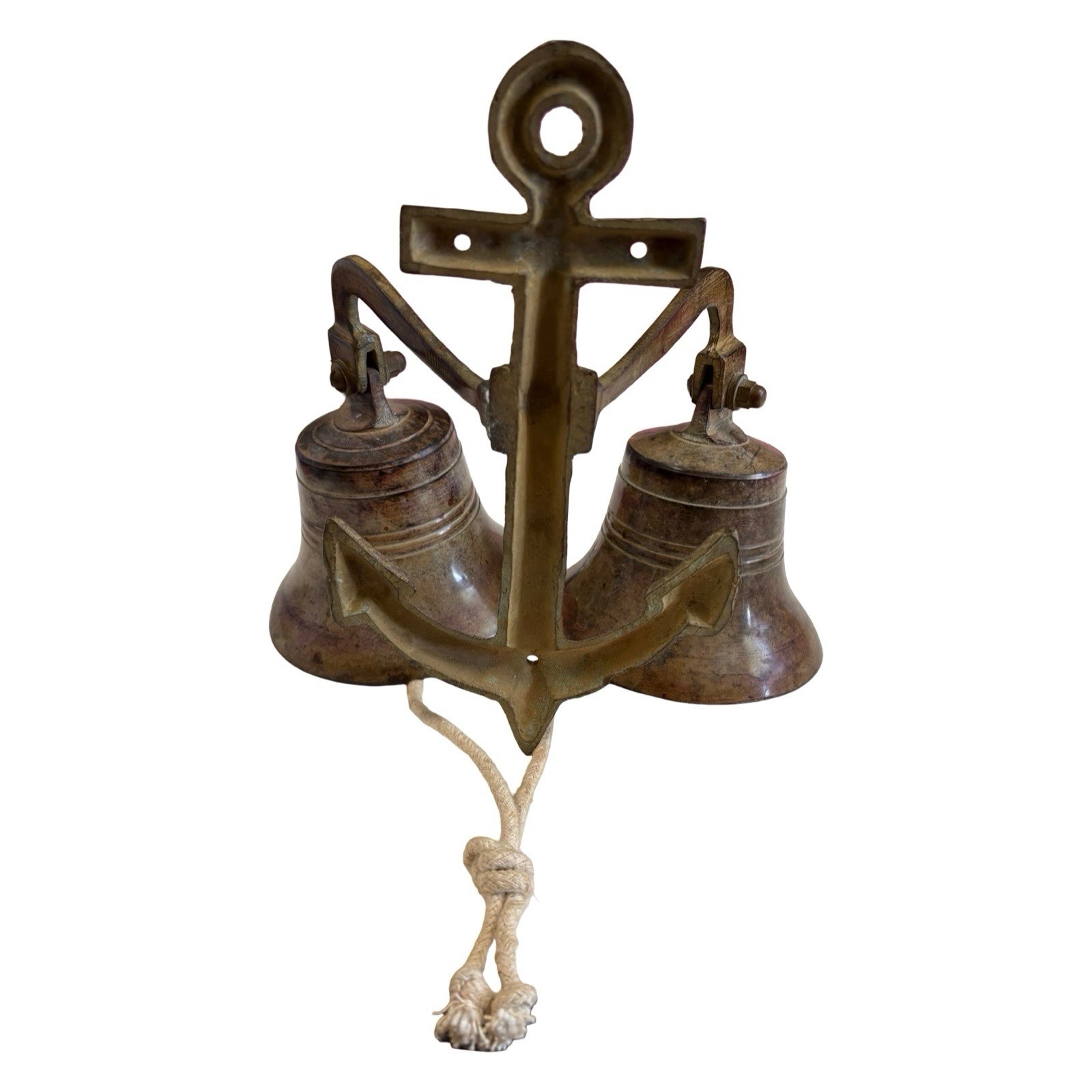 Solid Brass Anchor Nautical Double Bell Wall Mount Vintage HTF Rare
