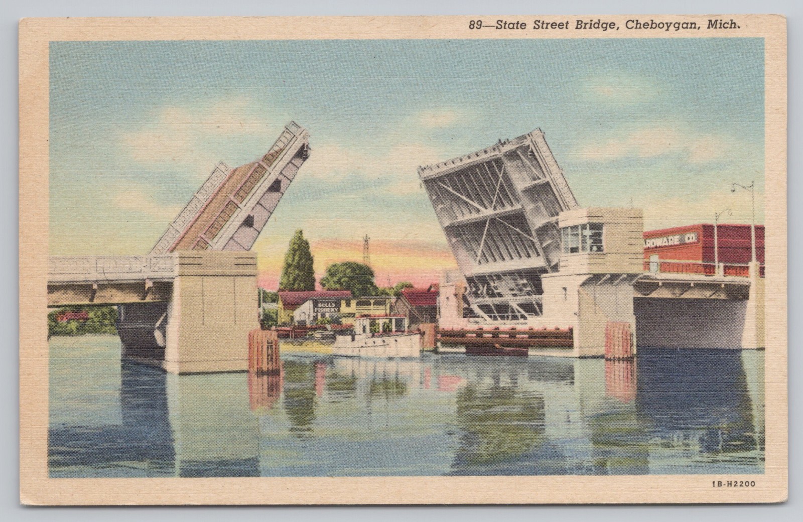 Cheboygan MI c.1941 State Street Bascule Lift Bridge Bell’s Fishery Postcard
