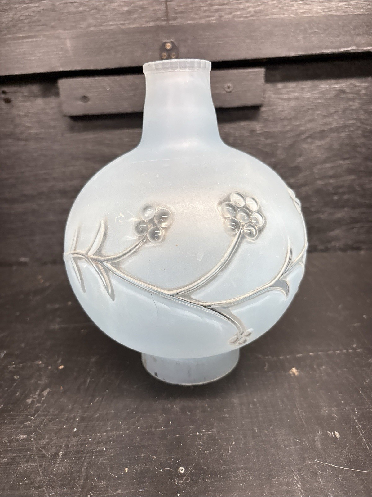 A Stunning Vintage Blue Satin 3” Fitter Glass Lamp Shade Embossed Floral Berry