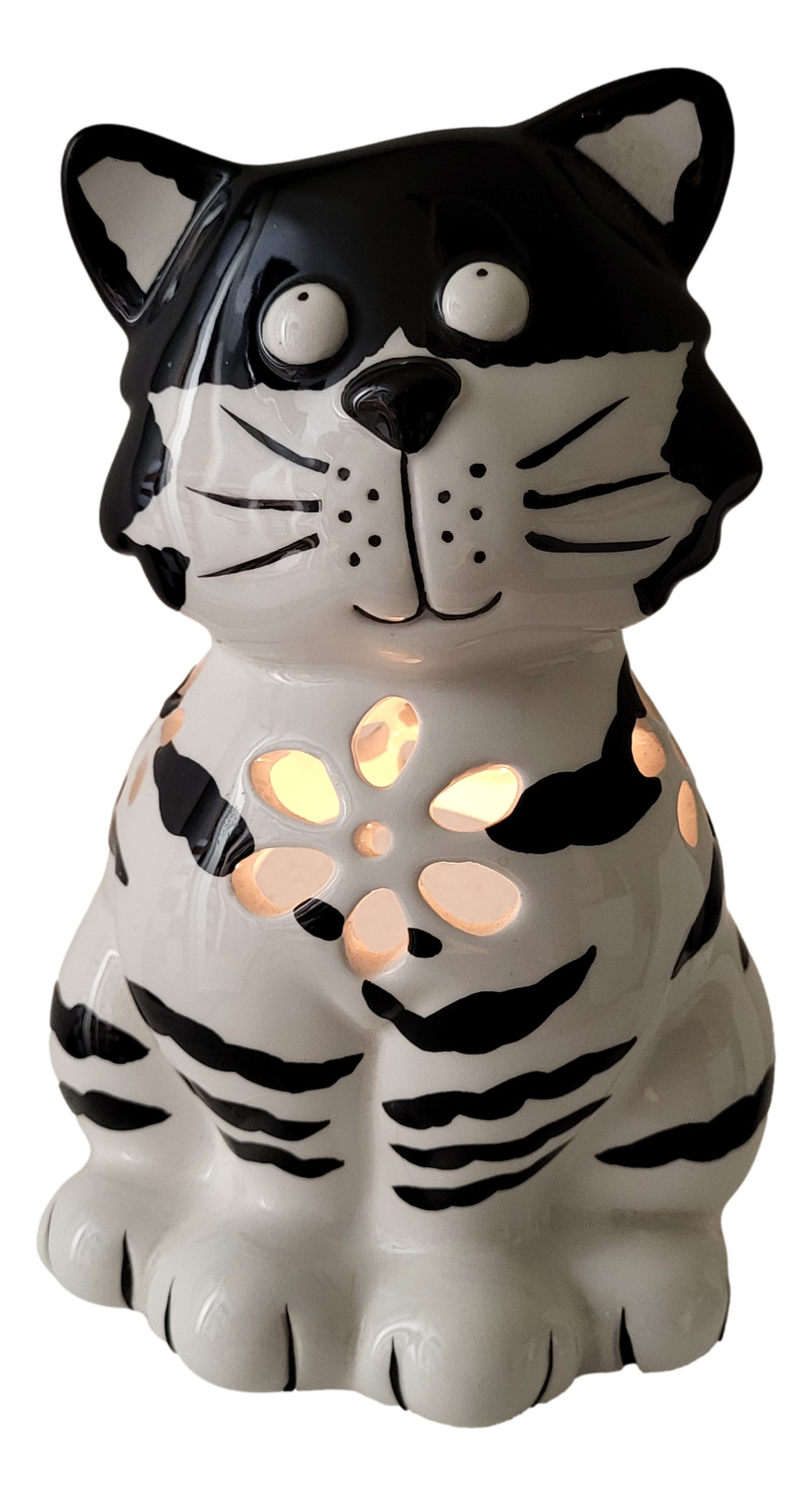 Kitty Cat Figurine Tea-Light Candles Holder Black & White Ceramic