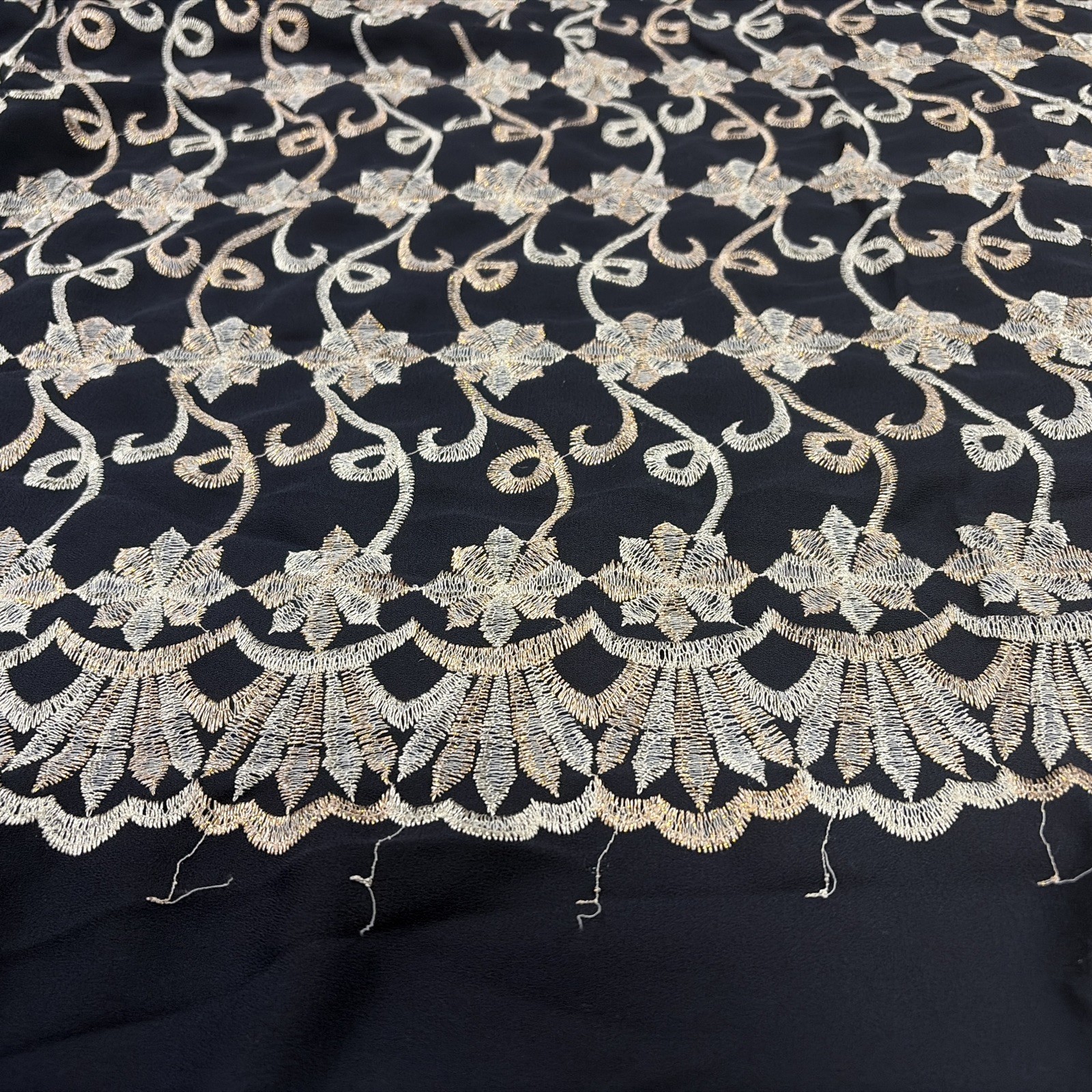 Beautiful Heavily Embroidered Floral Fabric W/Gold & White Threads 2 Yards x 44″