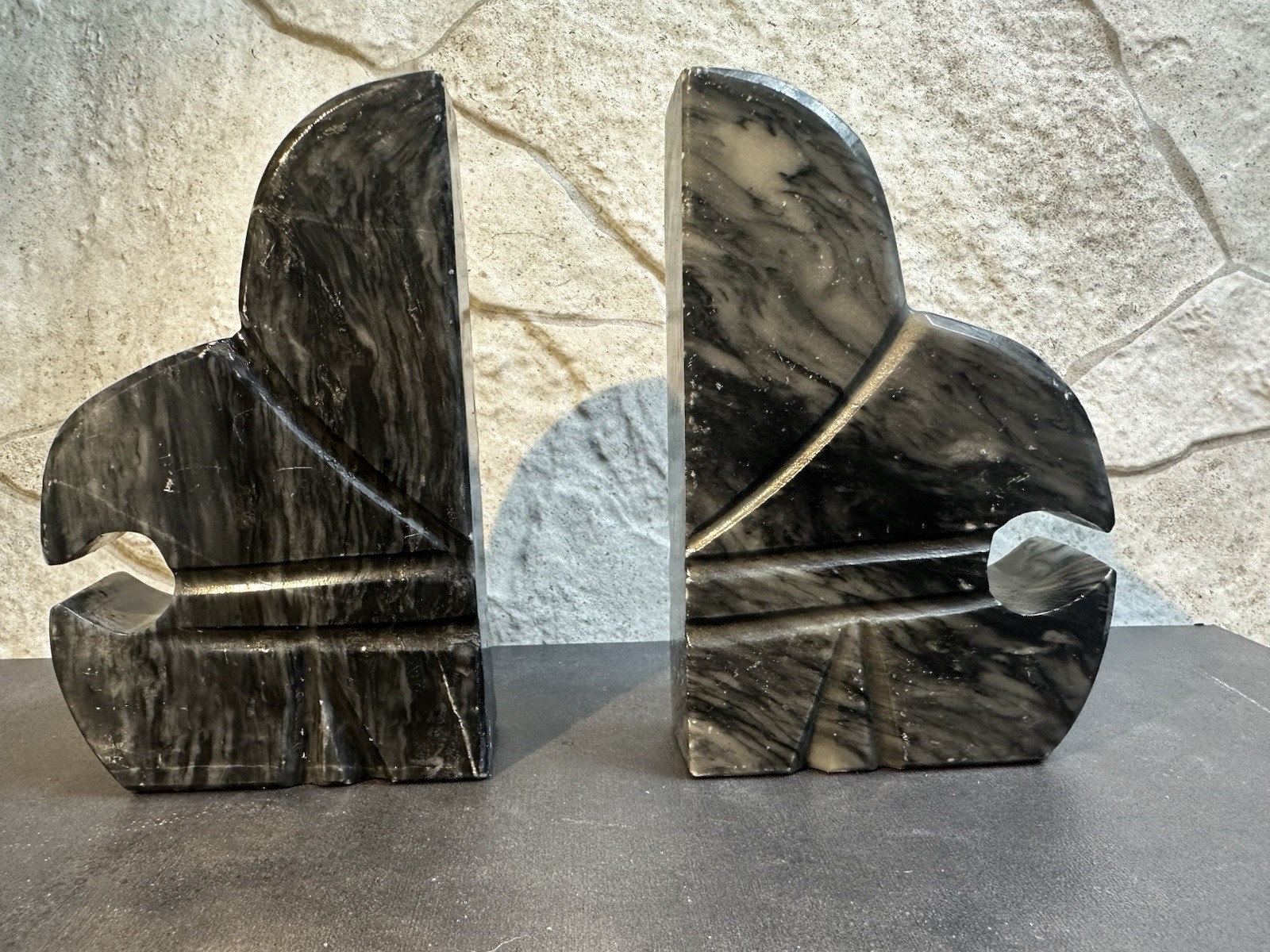 Marble Abstract Black and White Bookends Pair 6″ Asymmetrical Decorative Art
