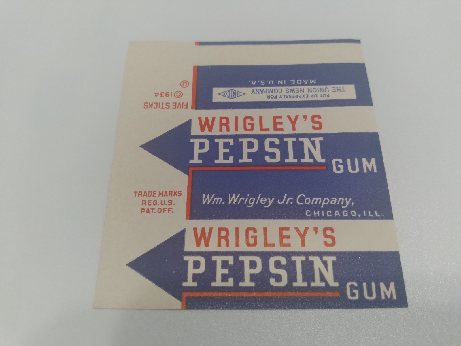 HTF Vtg 1934 American Chewing Gum Wrapper Wrigley’s Pepsin HTF