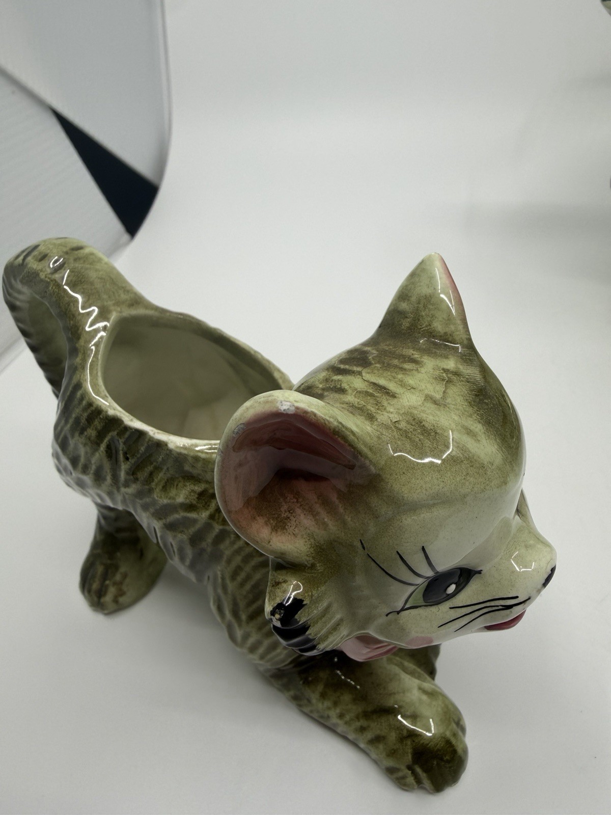 Vtg 50s Pacific Japan Kitschy Anthropomorphic Cat Tea Set Green W Pink Bow